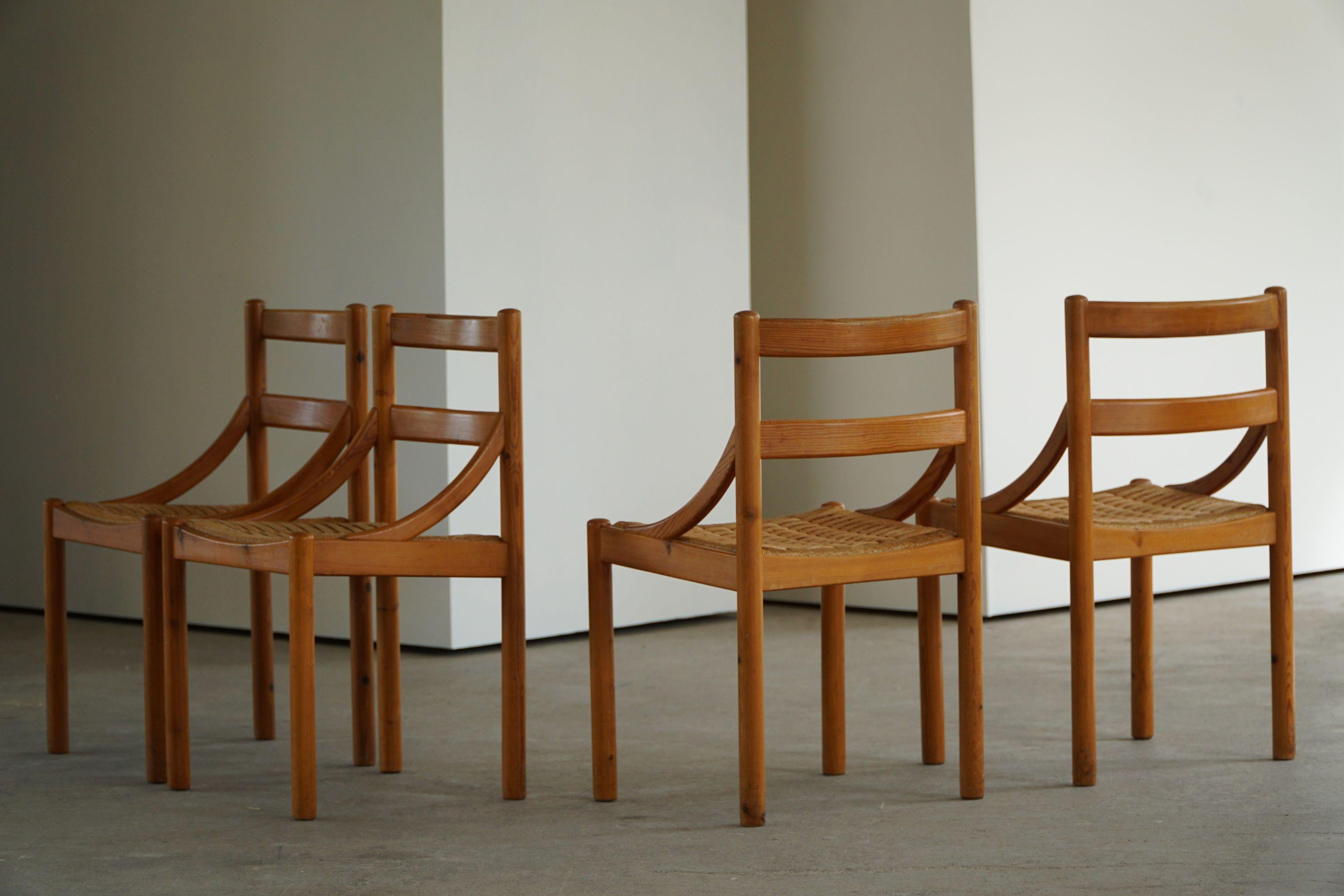 Danish Mid Century, Set of 6 Dining Chairs in Pine & Papercord, Brutalism, 1970s 2