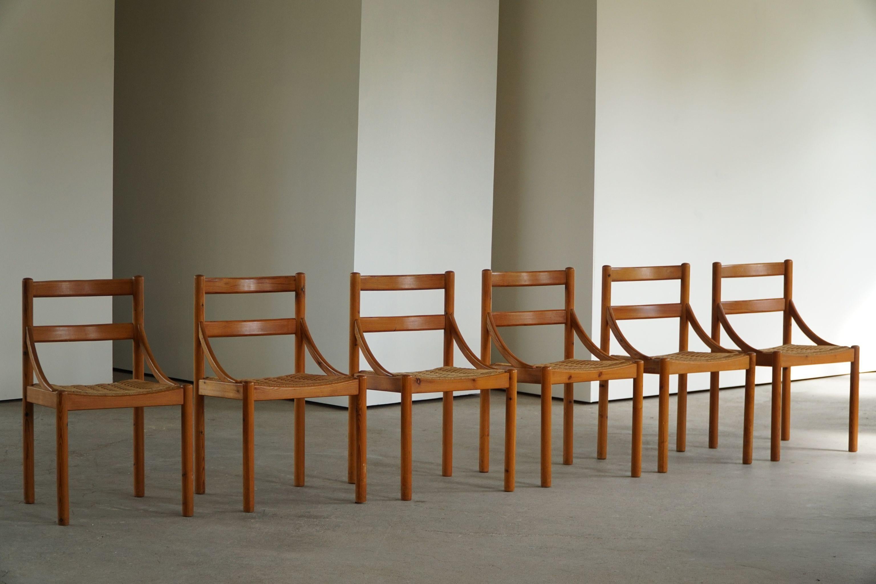 Danish Mid Century, Set of 6 Dining Chairs in Pine & Papercord, Brutalism, 1970s 3