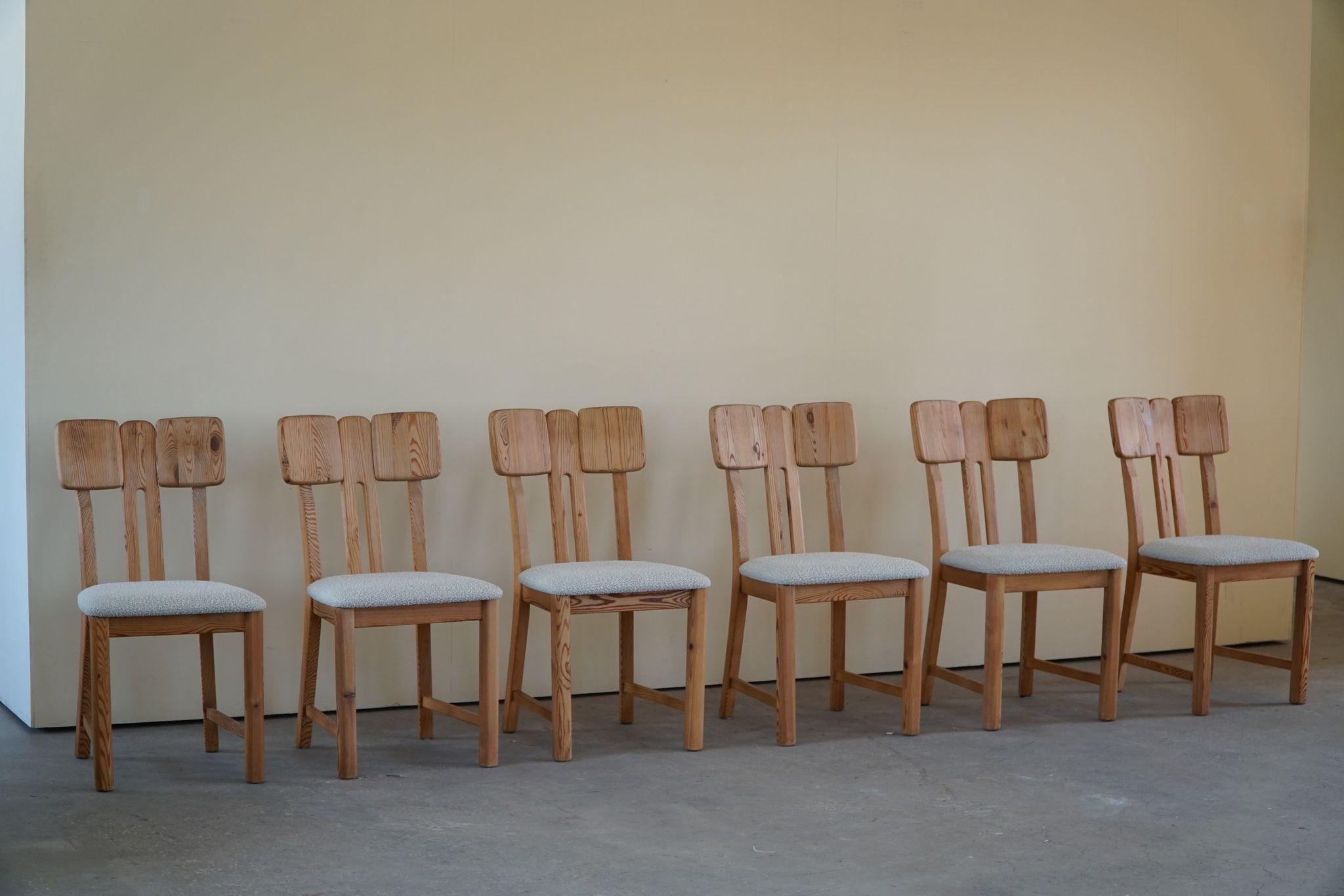 Set of 6 sculptural dining chairs in solid douglas pine, reupholstered in wool. Made by a Danish Cabinetmaker in 1970s. These brutalist chairs have a really strong impression that pair well with many types of interior styles. A Modern, Scandinavian,