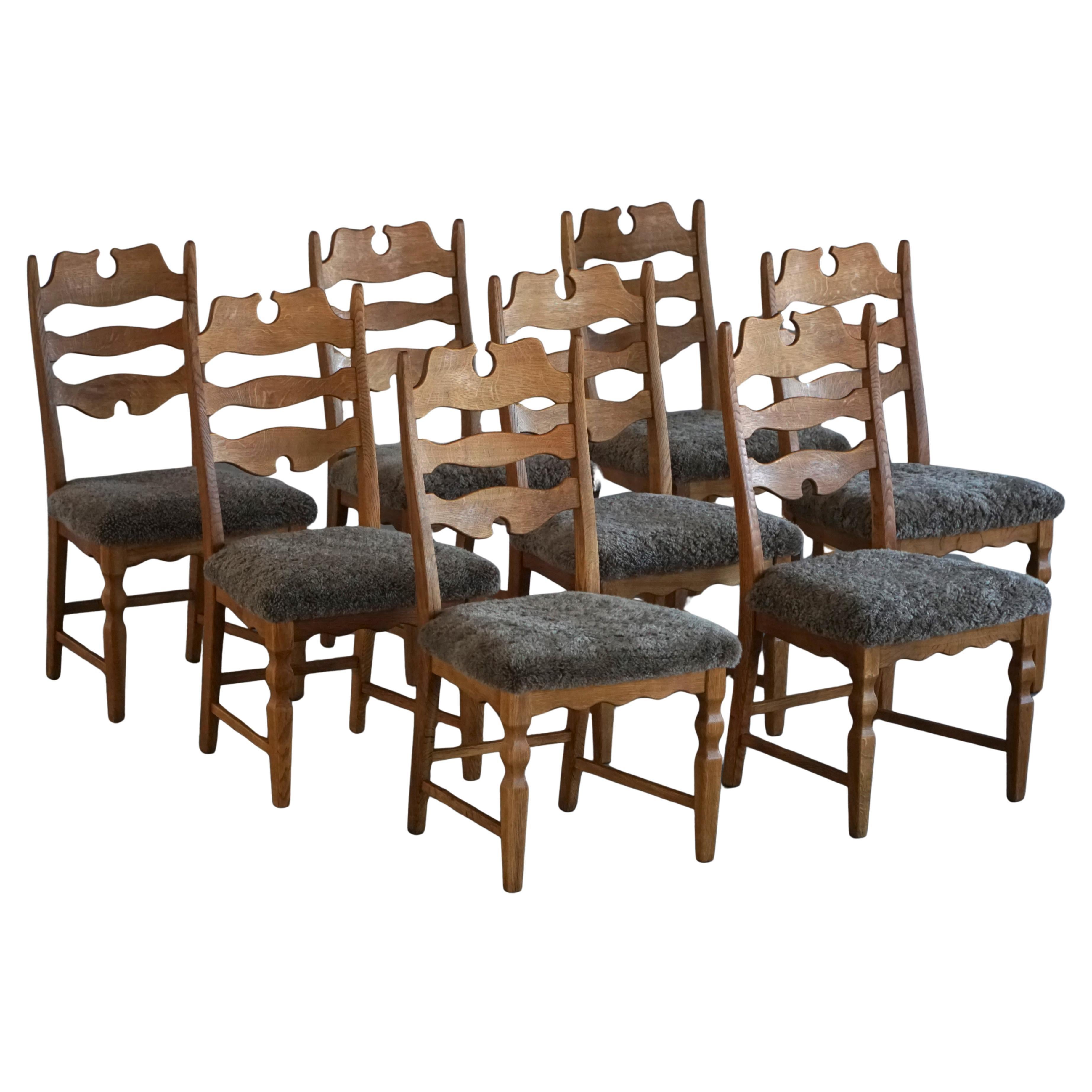 Danish Mid Century, Set of 8 Chairs in Oak 
Lambswool, Henning Kjærnulf, 1960s For Sale
