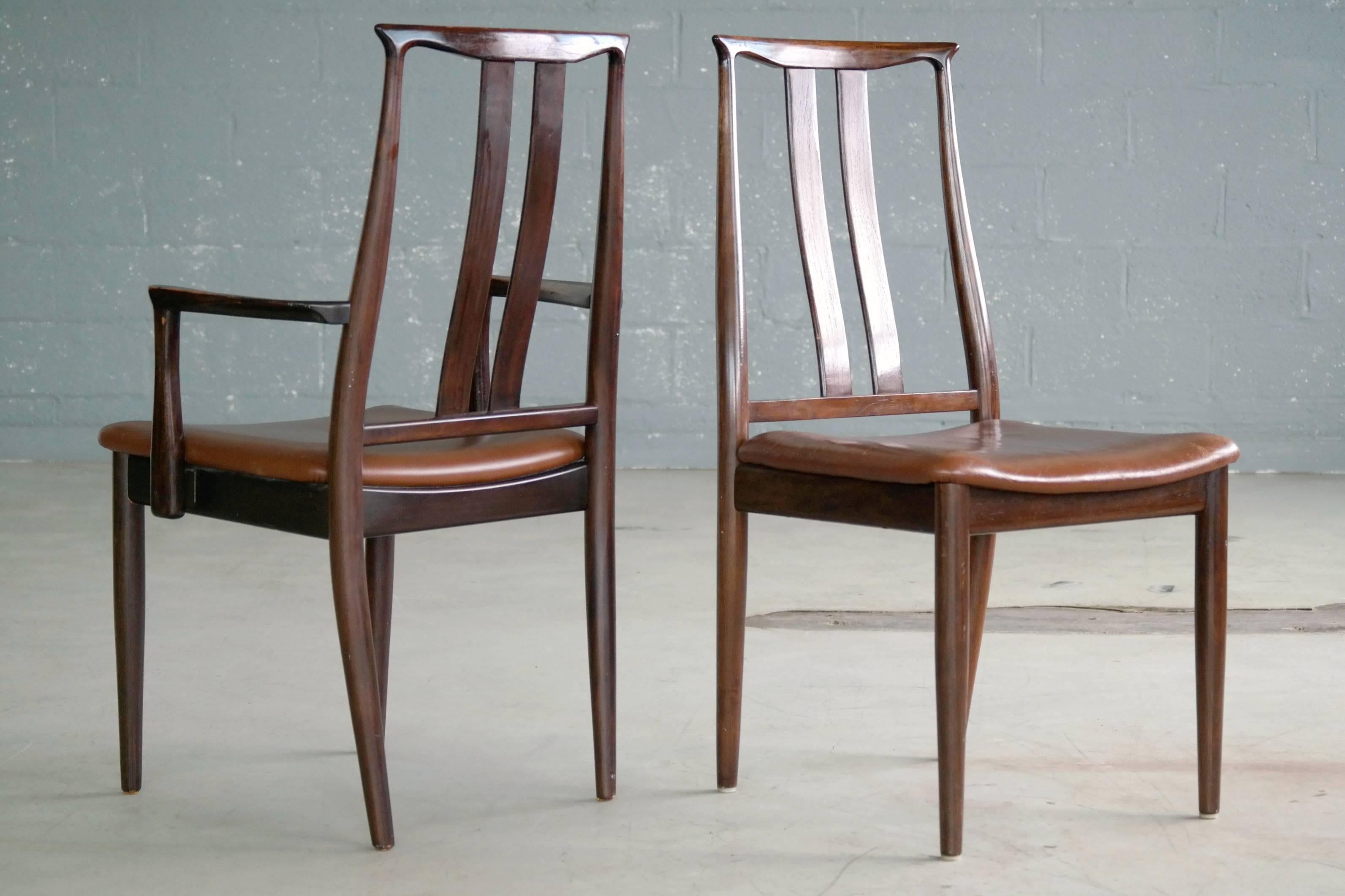 Mid-Century Modern Danish Midcentury Set of Six Dining Chairs in Stained Beech and Leather