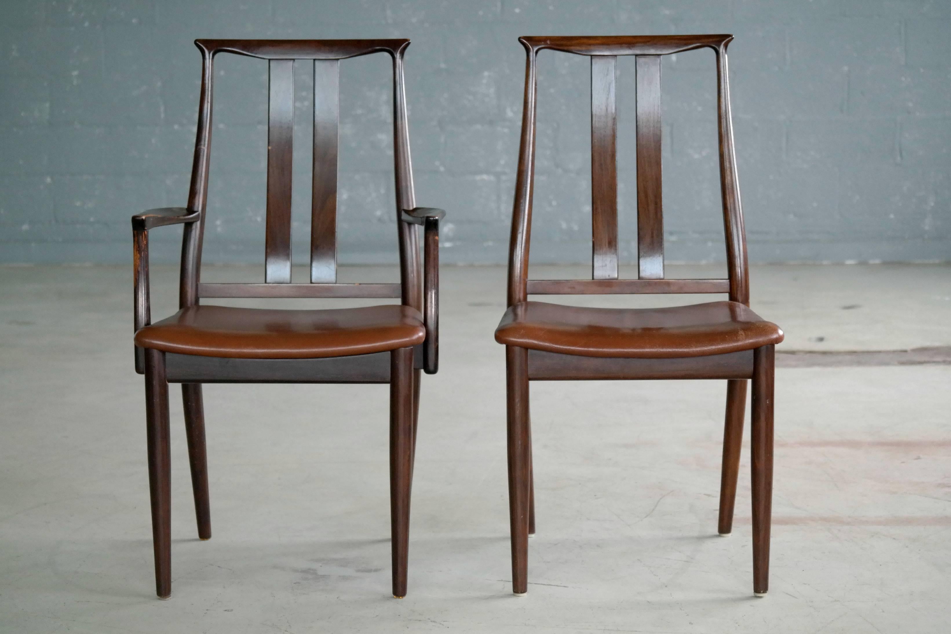Mid-20th Century Danish Midcentury Set of Six Dining Chairs in Stained Beech and Leather