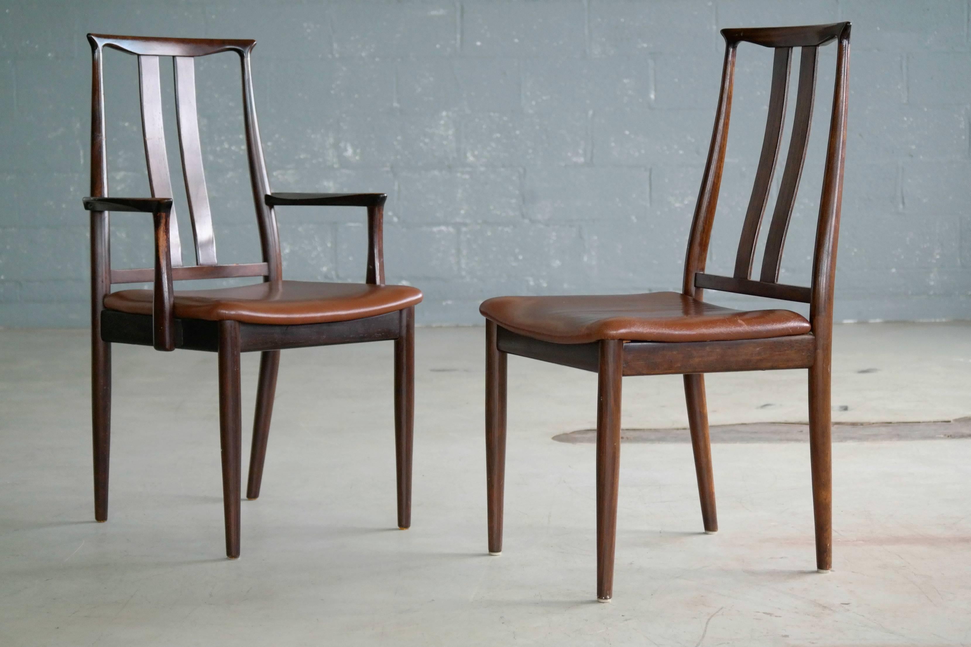 Danish Midcentury Set of Six Dining Chairs in Stained Beech and Leather 1