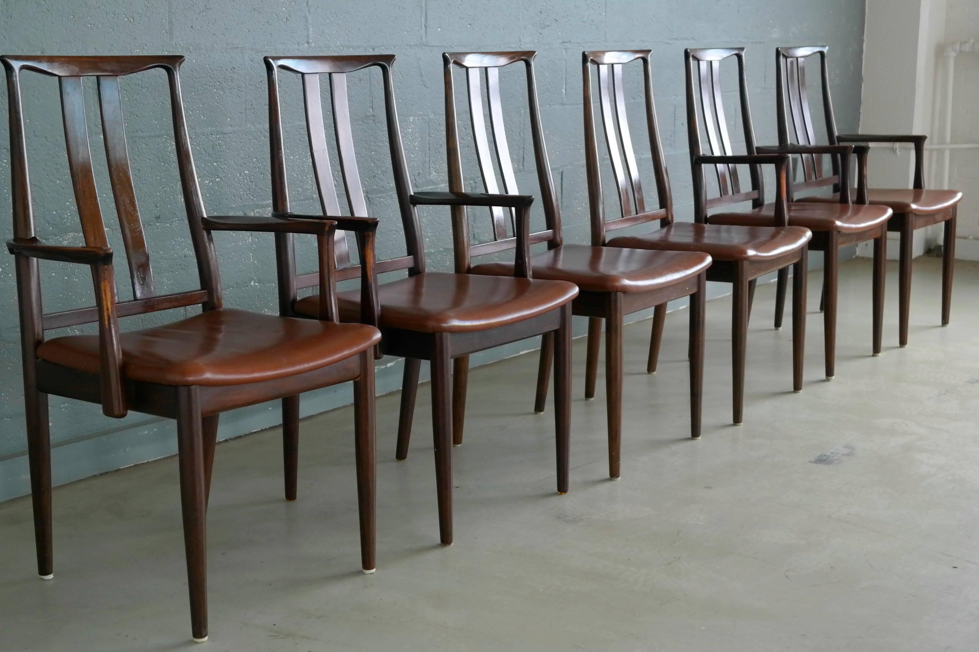 Danish Midcentury Set of Six Dining Chairs in Stained Beech and Leather 3