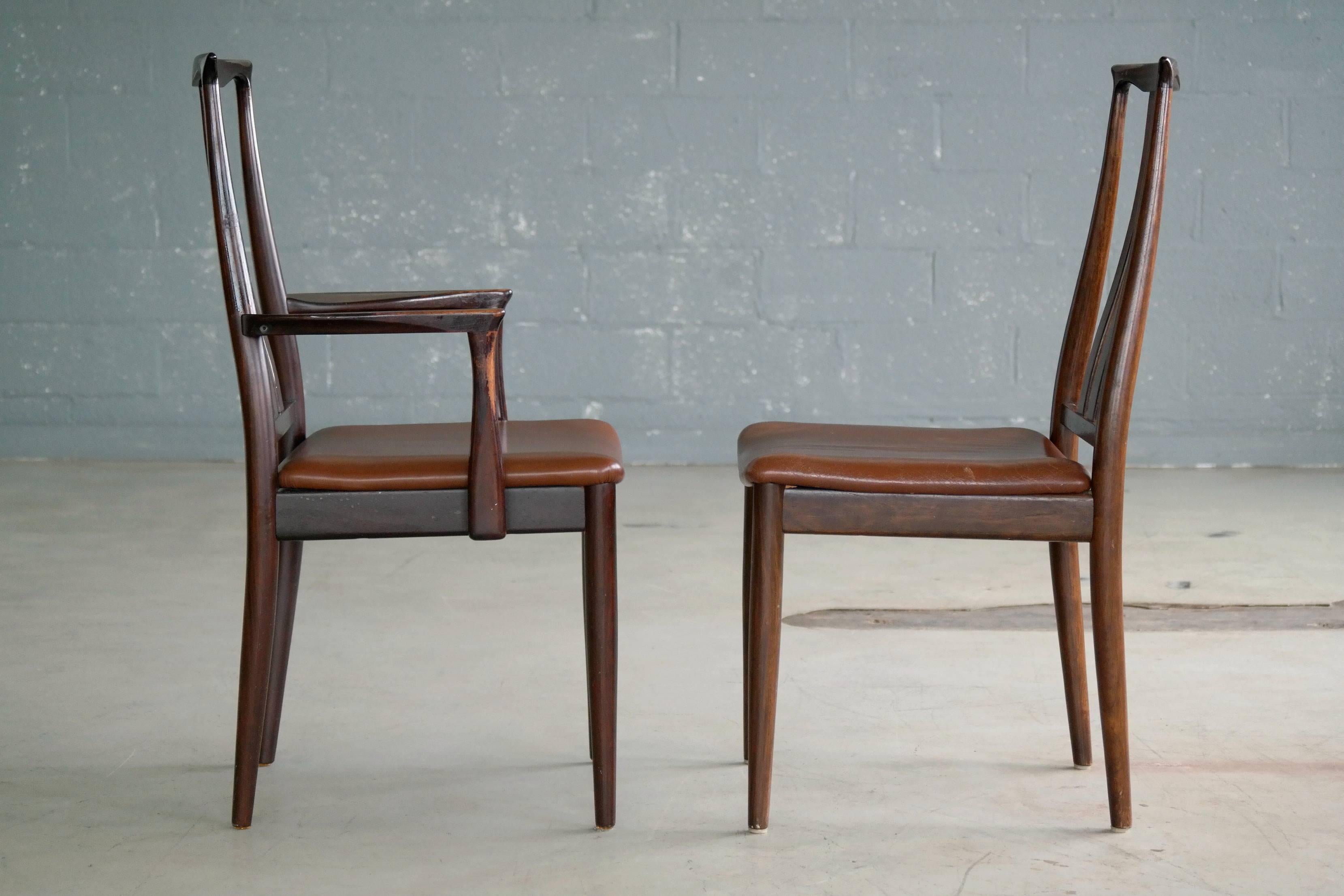 Danish Midcentury Set of Six Dining Chairs in Stained Beech and Leather 4