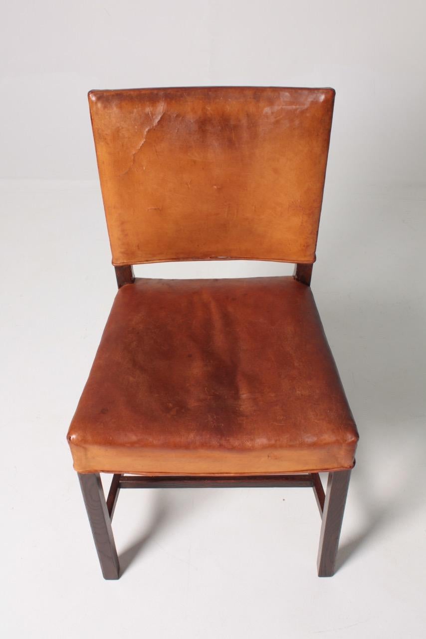 Scandinavian Modern Danish Midcentury Side Chair in Patinated Leather and Oak, 1940s