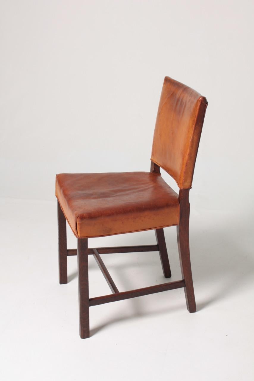 Scandinavian Danish Midcentury Side Chair in Patinated Leather and Oak, 1940s