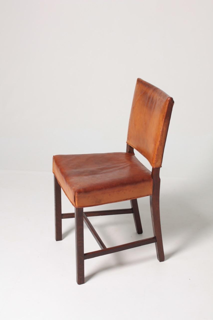 Danish Midcentury Side Chair in Patinated Leather and Oak, 1940s In Good Condition In Lejre, DK