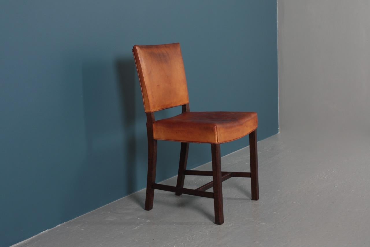 Danish Midcentury Side Chair in Patinated Leather and Oak, 1940s 3