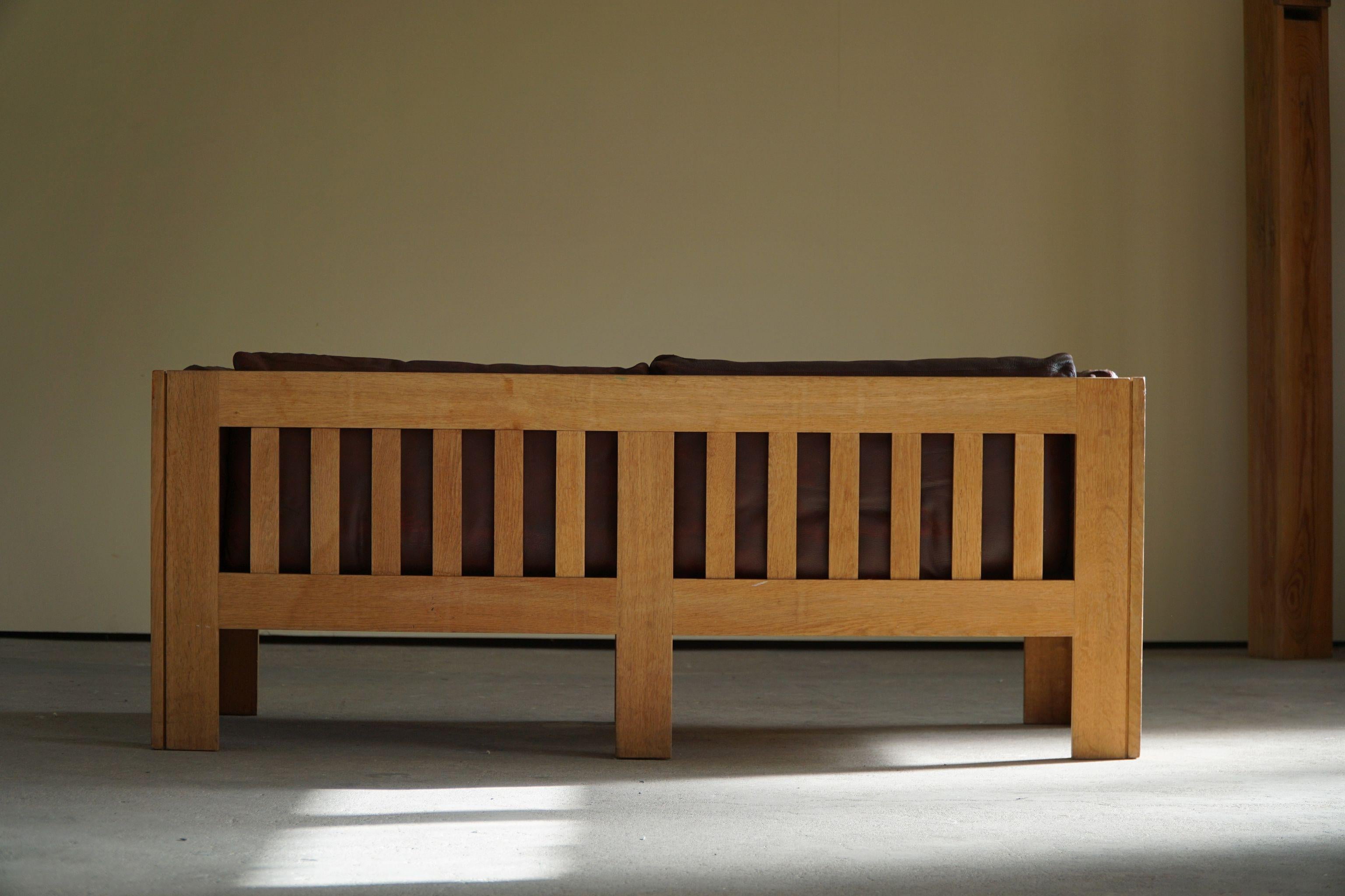 Danish Mid Century Sofa in Patinated Leather, Oak Frame, by Tage Poulsen, 1960s 9