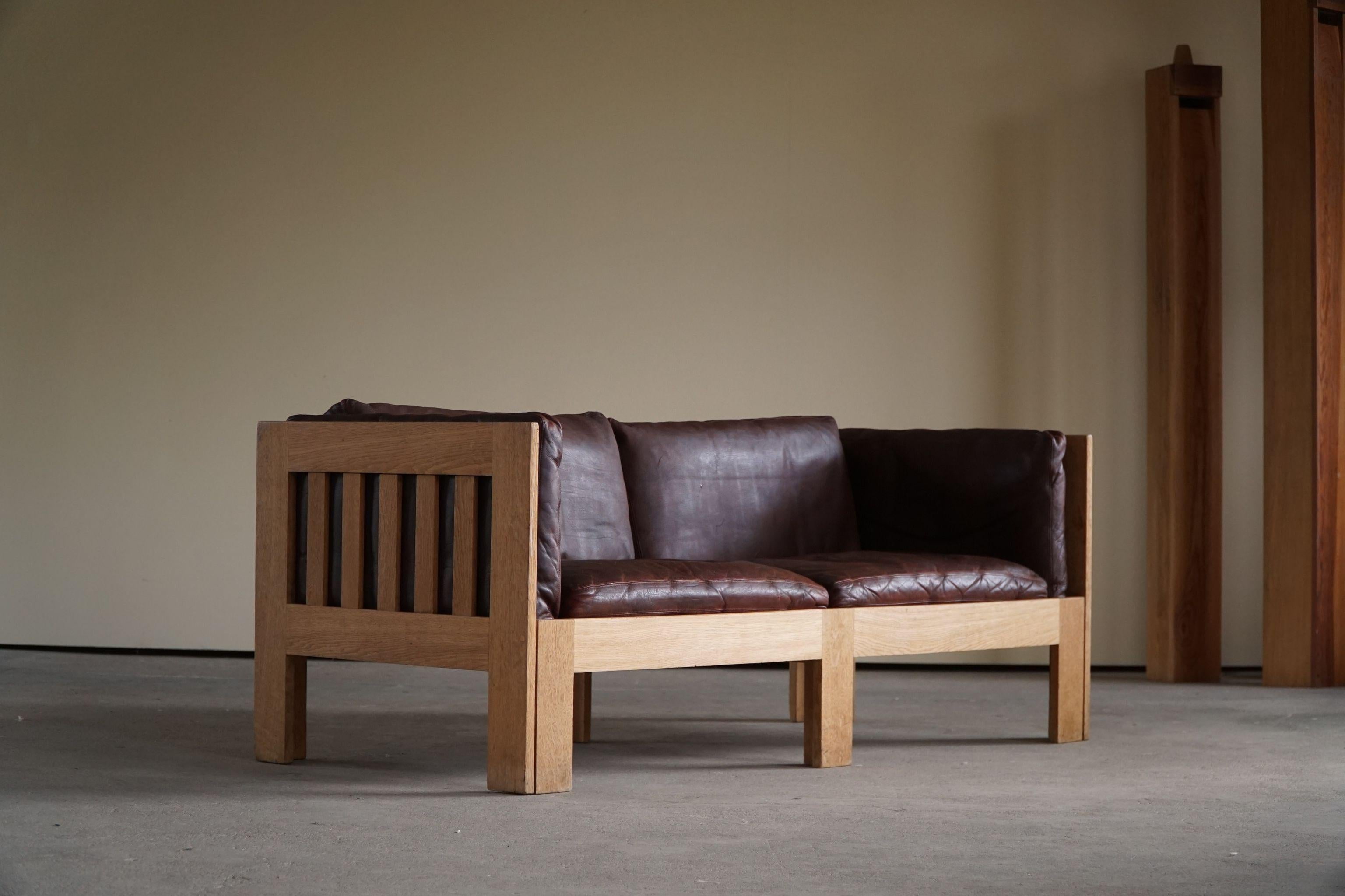 Danish Mid Century Sofa in Patinated Leather, Oak Frame, by Tage Poulsen, 1960s 11