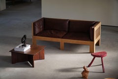 Danish Mid Century Sofa in Patinated Leather, Oak Frame, by Tage Poulsen, 1960s
