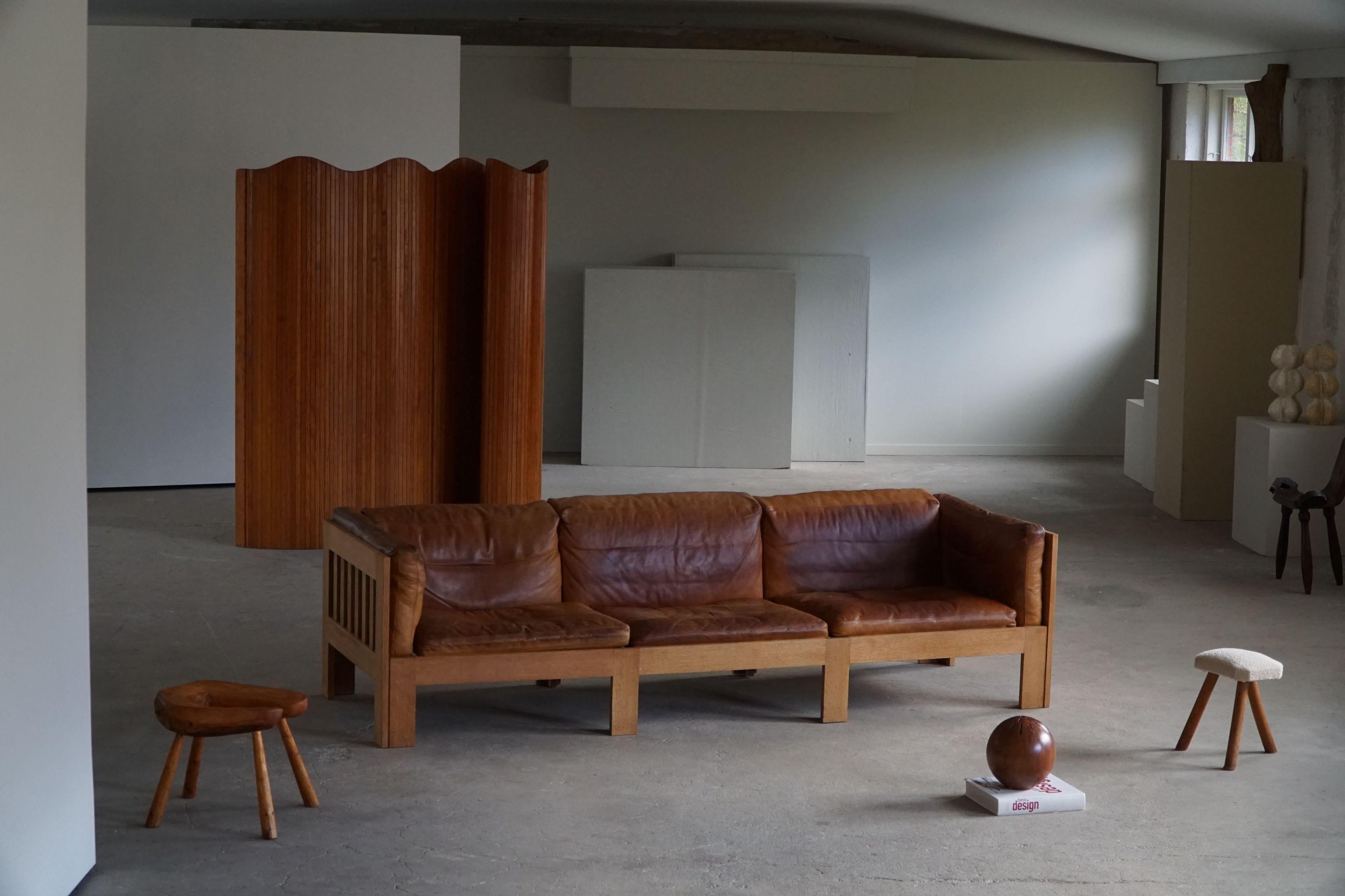 Mid-Century Modern Danish Mid Century Sofa in Patinated Leather, Oak Frame, by Tage Poulsen, 1960s