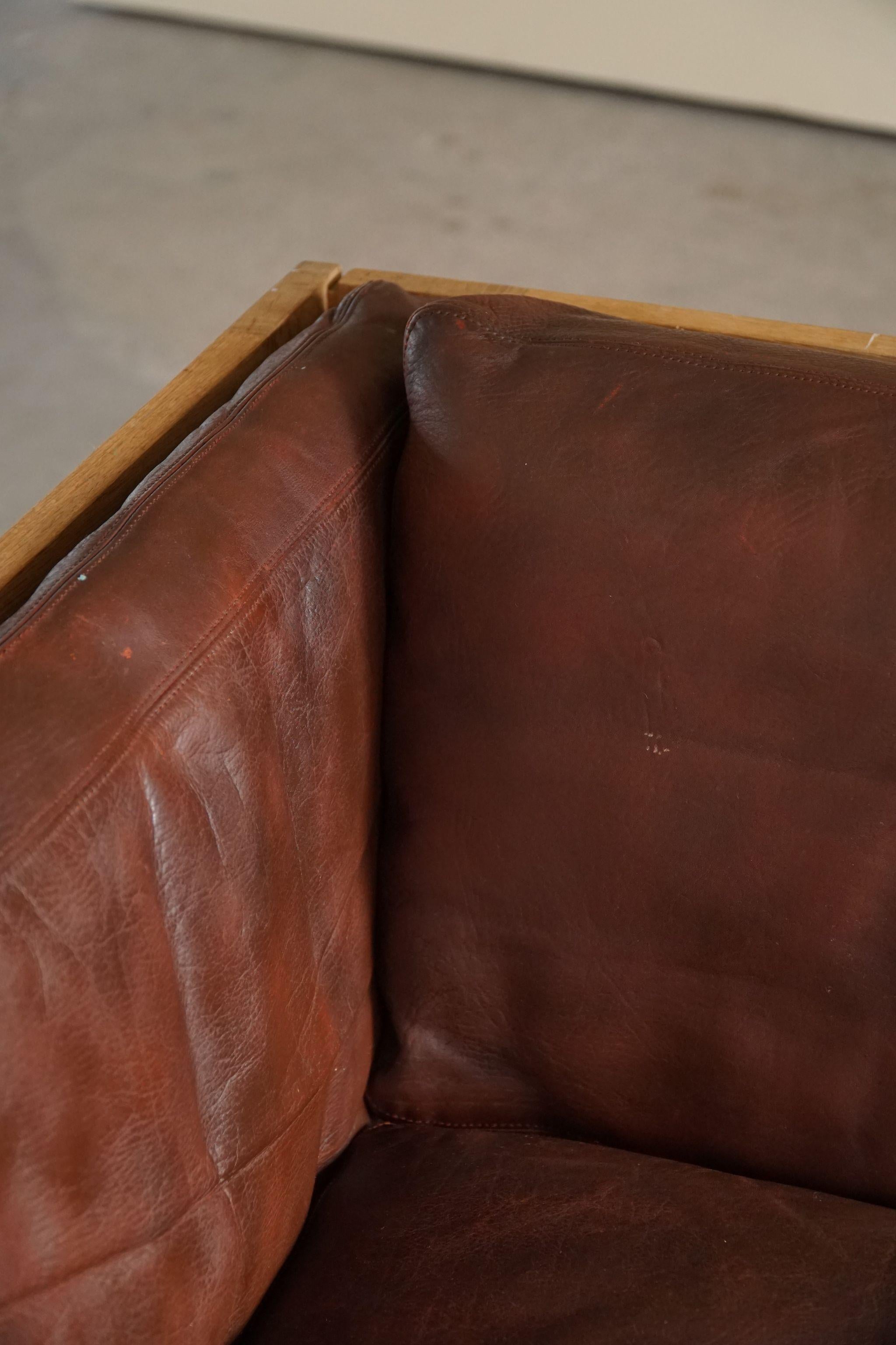 Danish Mid Century Sofa in Patinated Leather, Oak Frame, by Tage Poulsen, 1960s 1