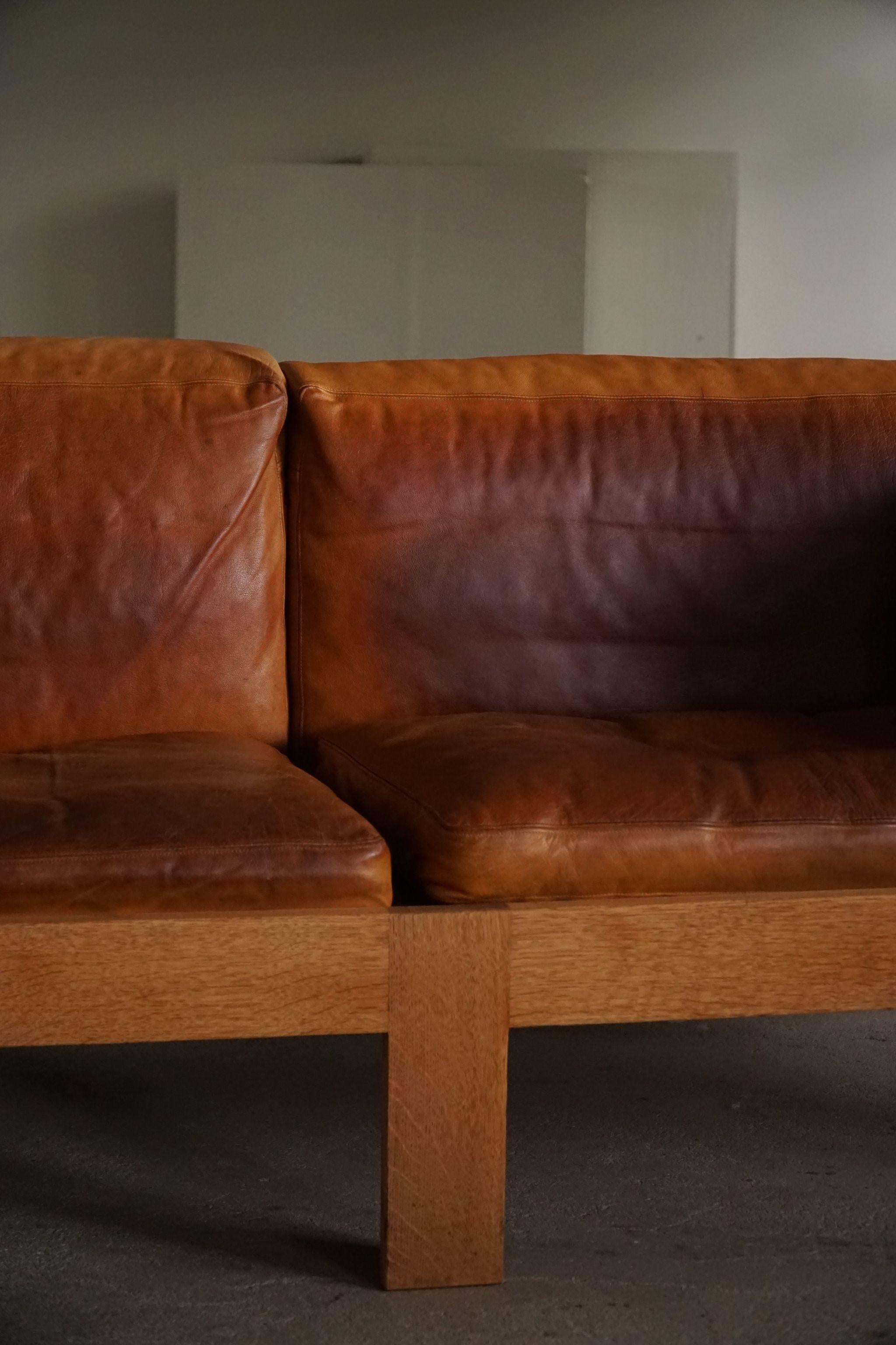 Danish Mid Century Sofa in Patinated Leather, Oak Frame, by Tage Poulsen, 1960s 2