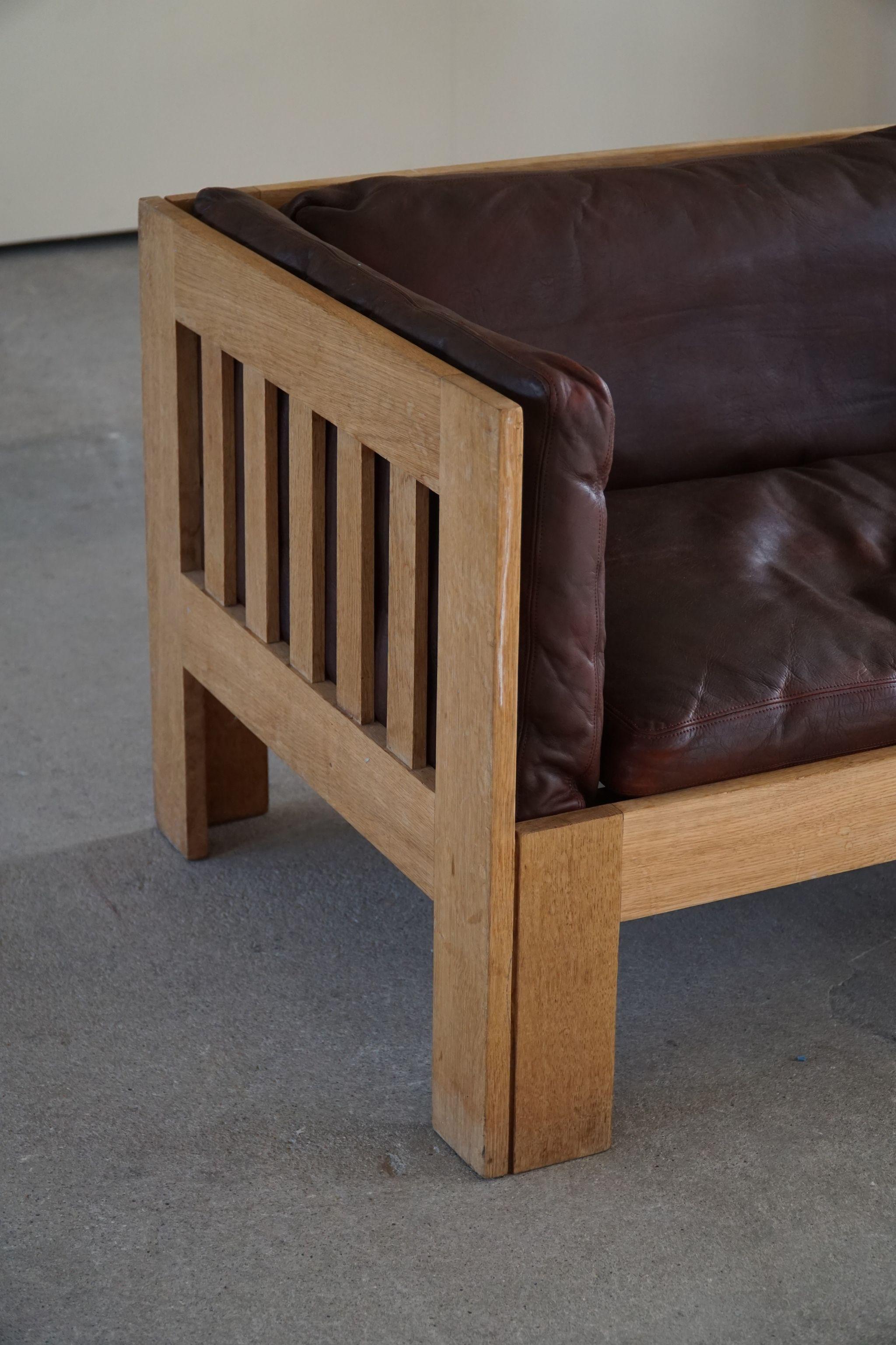 Danish Mid Century Sofa in Patinated Leather, Oak Frame, by Tage Poulsen, 1960s 2