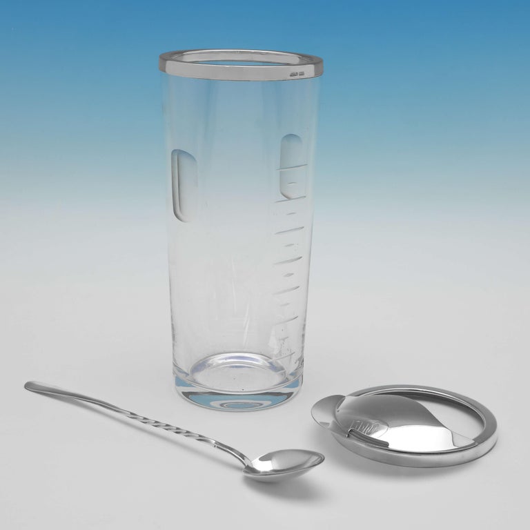 Danish Midcentury Sterling Silver and Glass Cocktail Jug and Spoon, Michelson 1960 For Sale at