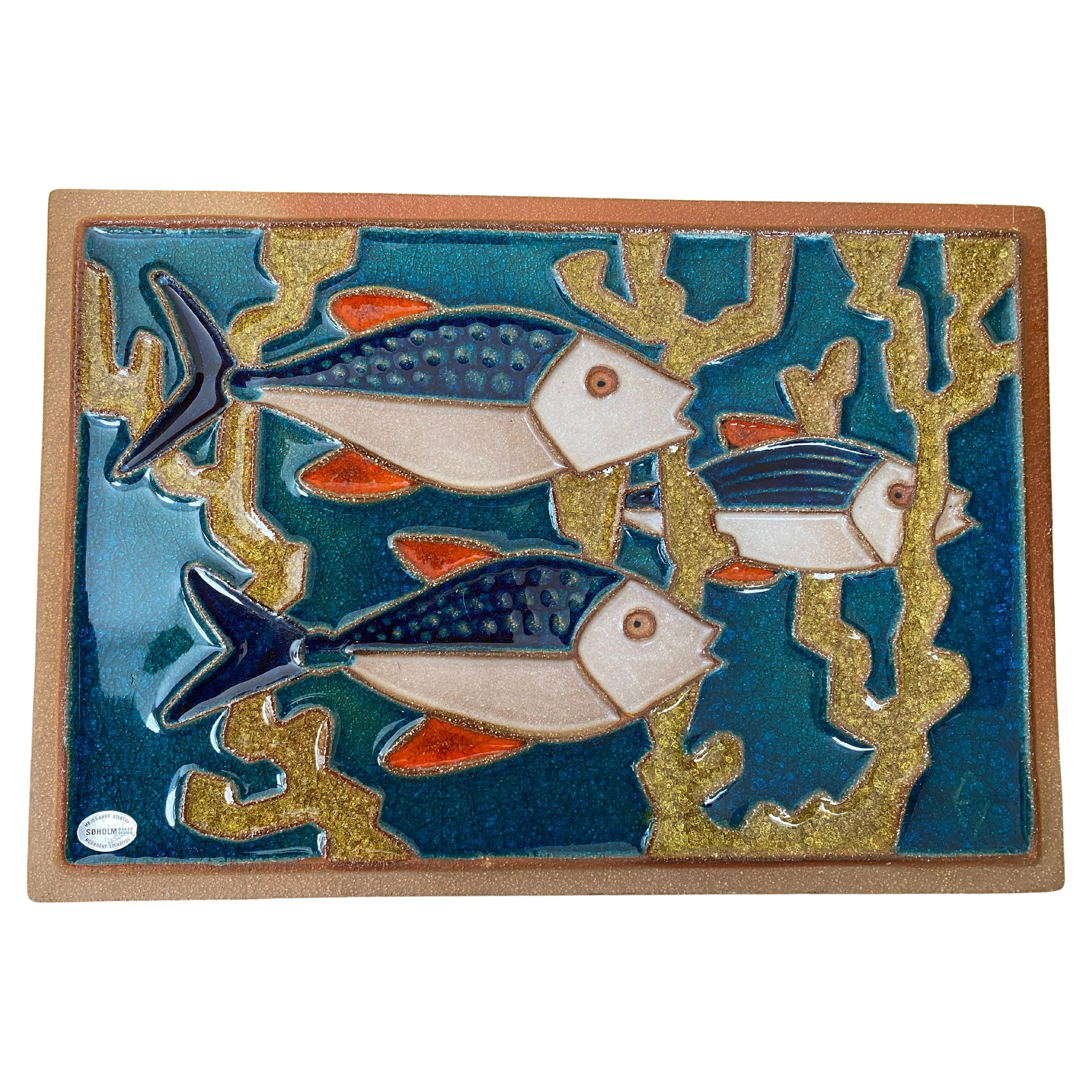 Danish Mid-Century Stoneware Wall Plaque ‘Fishes’ by Soholm Pottery Denmark