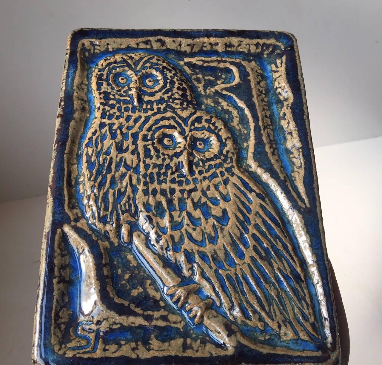 Mid-20th Century Danish Midcentury Stoneware Wall Plaque with Owls by Sven Aage Jensen, Soholm For Sale