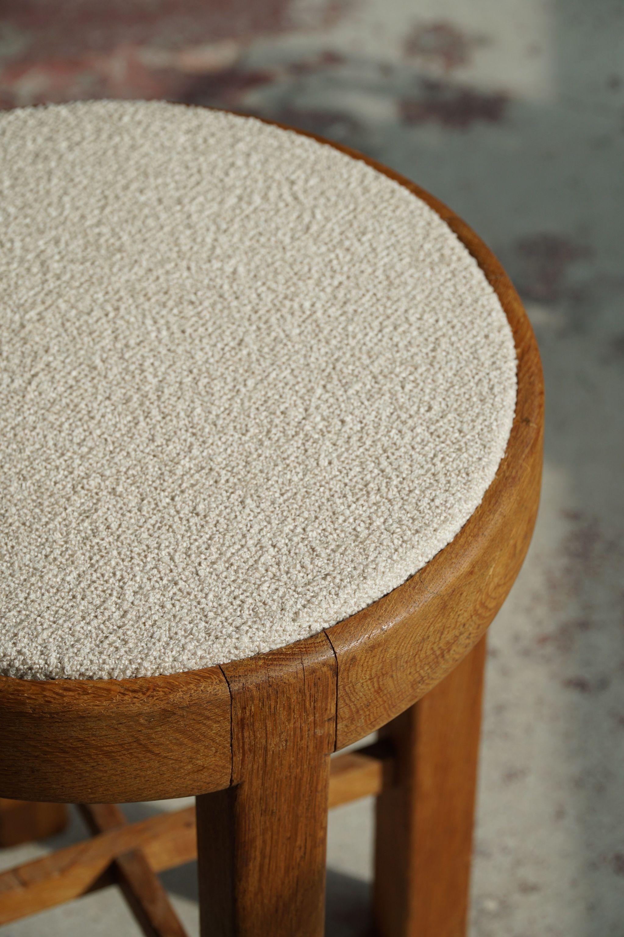Danish Mid Century Stool in Oak and Reupholstered in Bouclé Wool, ca 1950s For Sale 5