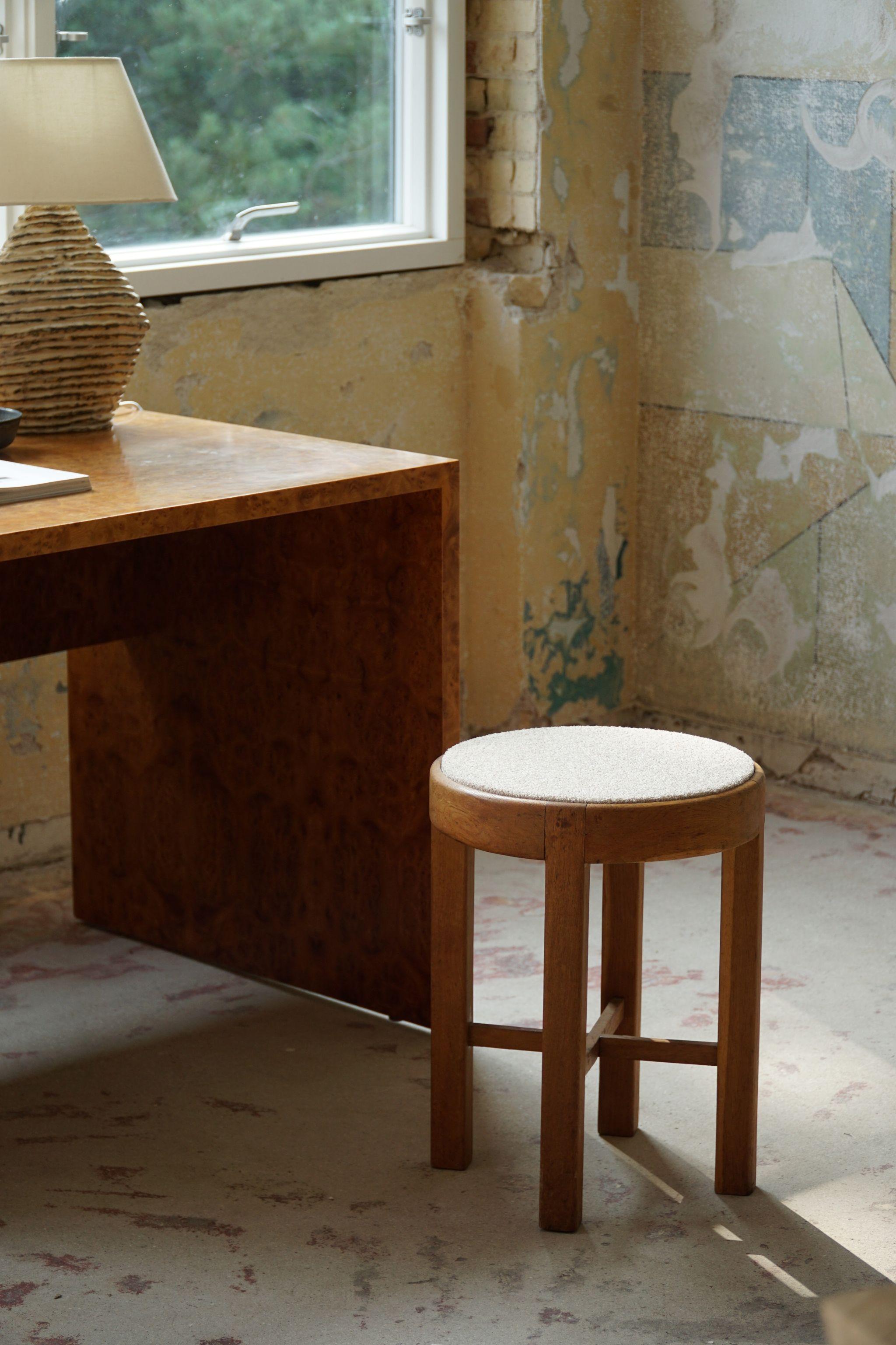 Danish Mid Century Stool in Oak and Reupholstered in Bouclé Wool, ca 1950s For Sale 6