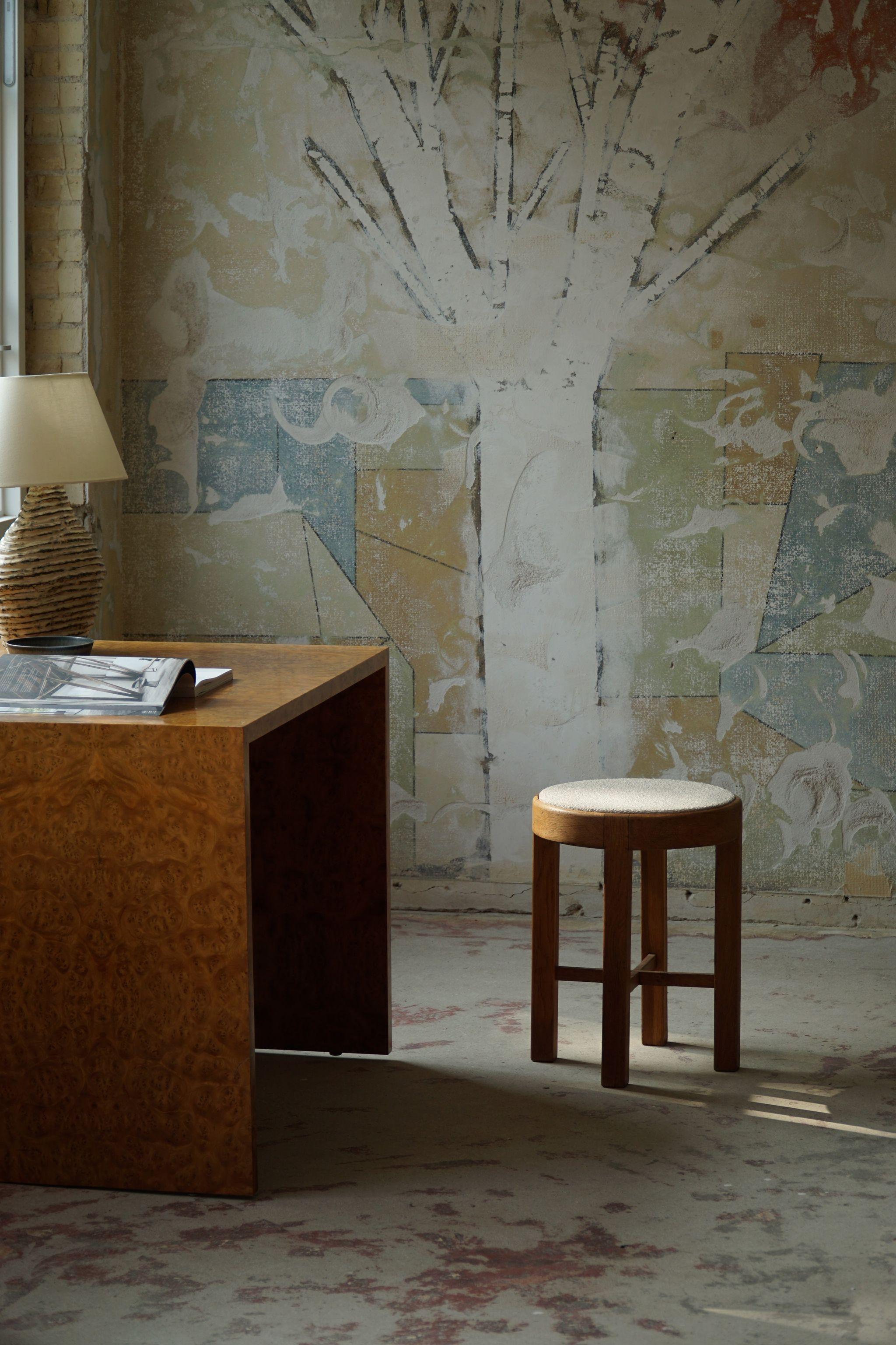 Mid-20th Century Danish Mid Century Stool in Oak and Reupholstered in Bouclé Wool, ca 1950s For Sale