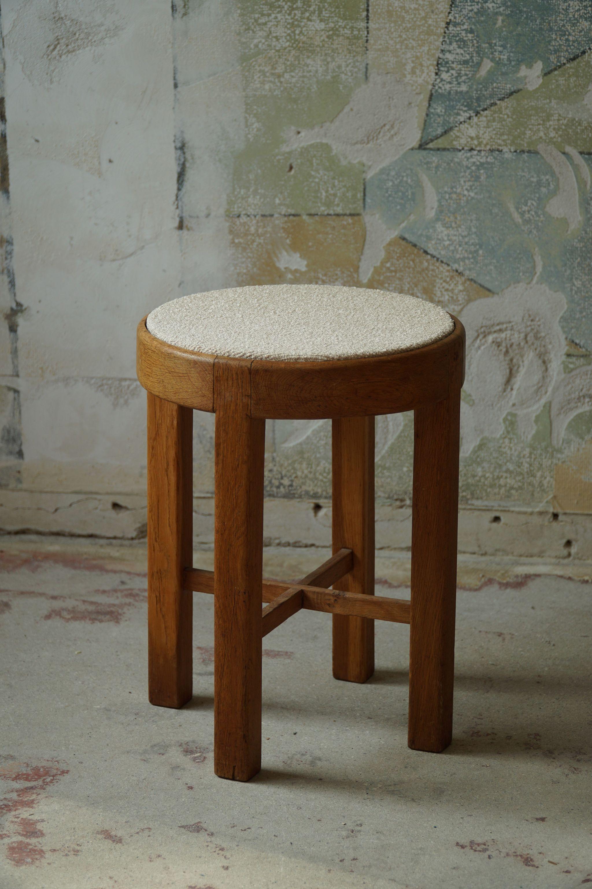 Danish Mid Century Stool in Oak and Reupholstered in Bouclé Wool, ca 1950s For Sale 4