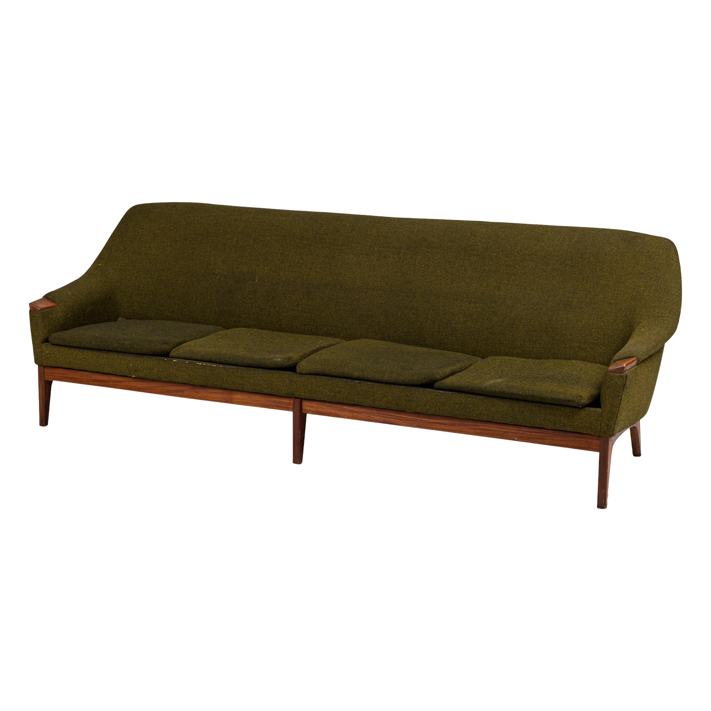 Danish Mid-Century Style 4-Seat Green Woven Upholstery Sofa For Sale