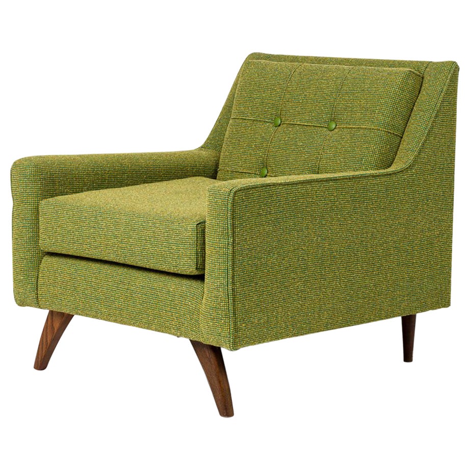 Danish Mid-Century Style Green Tweed Tufted Armchair For Sale