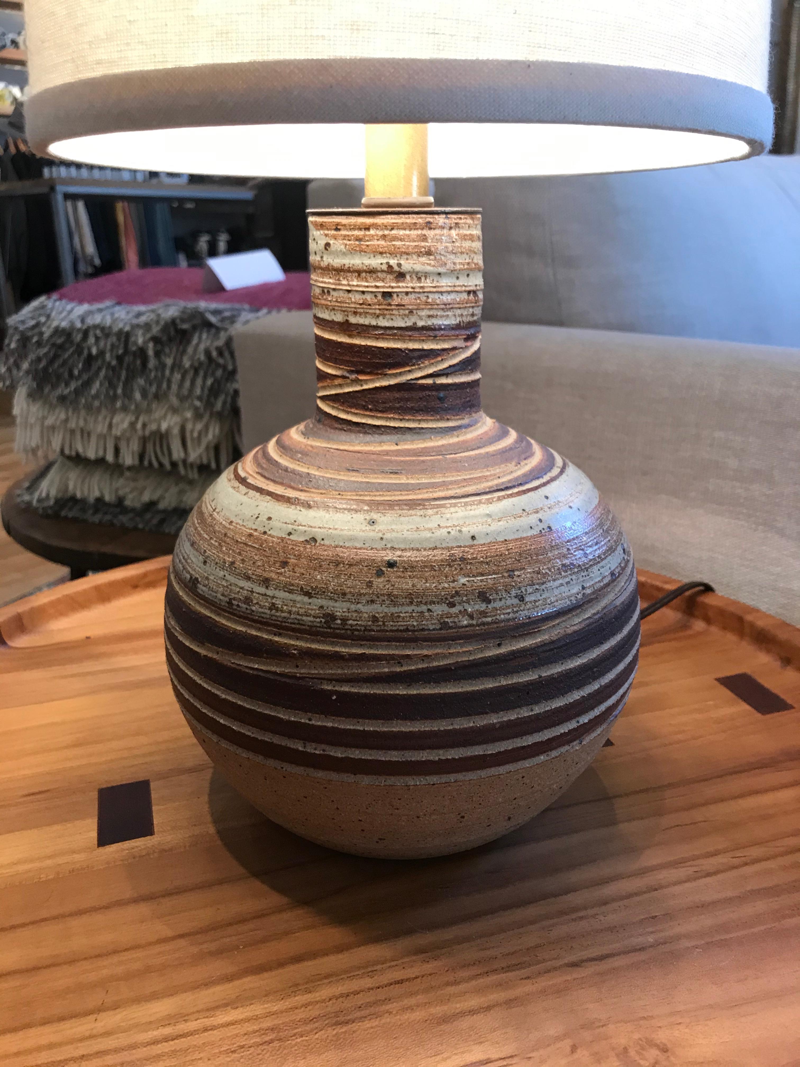 A beautiful table lamp with mesmerizing earth tones.
Makers mark stamped on the base of lamp.