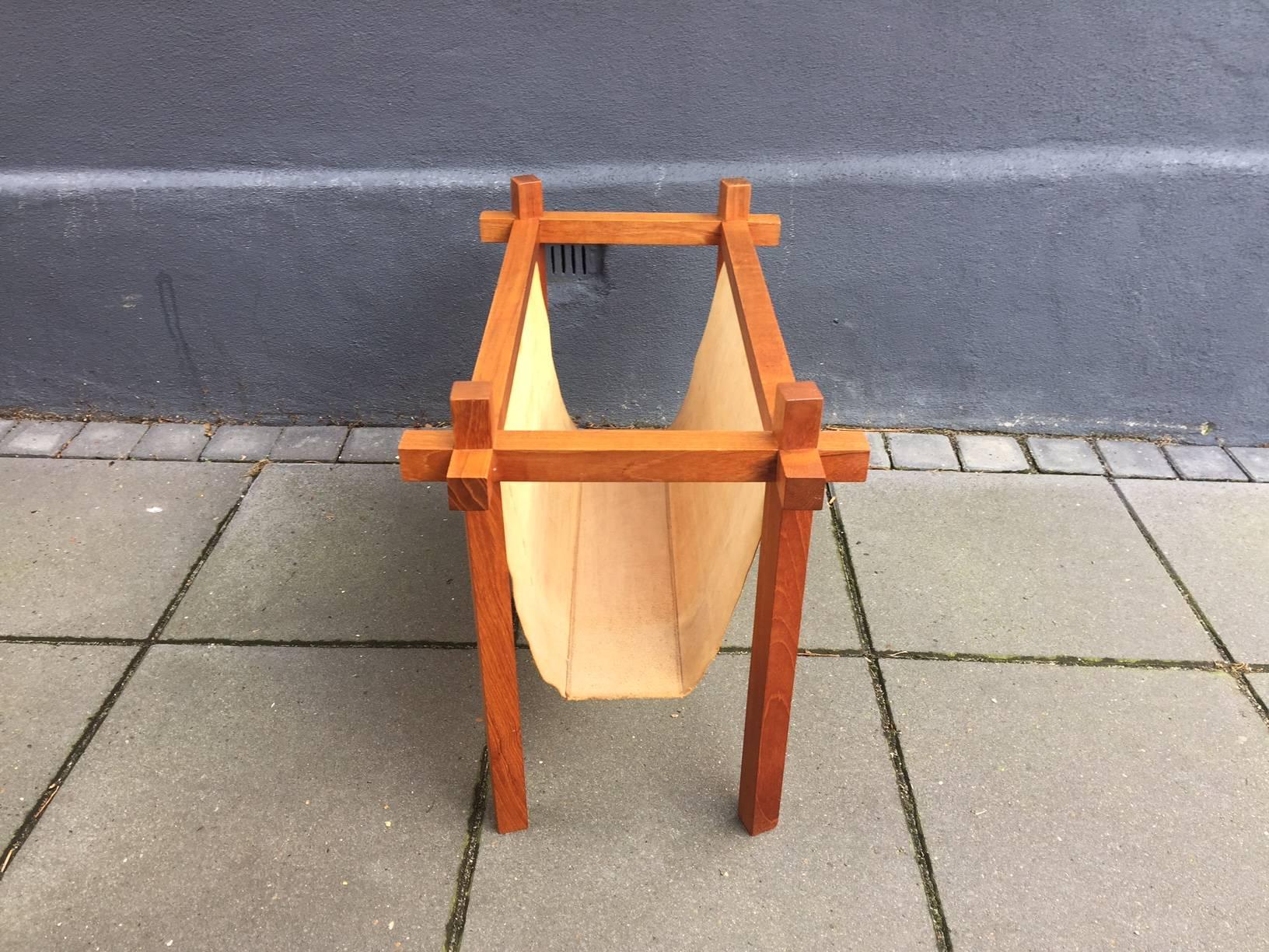 Danish Midcentury Teak and Leather Magazine Rack from Skjode, 1950s 1