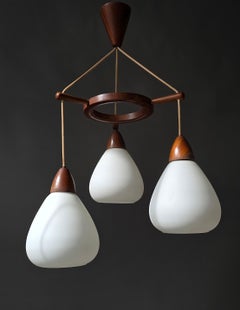 Danish Mid-Century Teak and Opaline Glass 3-Light Chandelier, 1960s