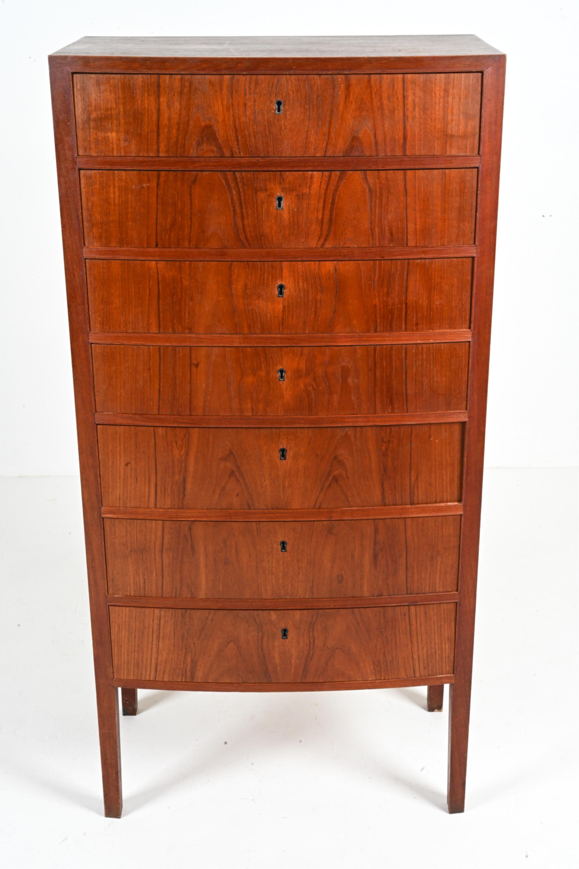 Mid-Century Modern Danish Mid-Century Teak Bow-Front Tallboy Chest Attributed to Ole Wanscher For Sale