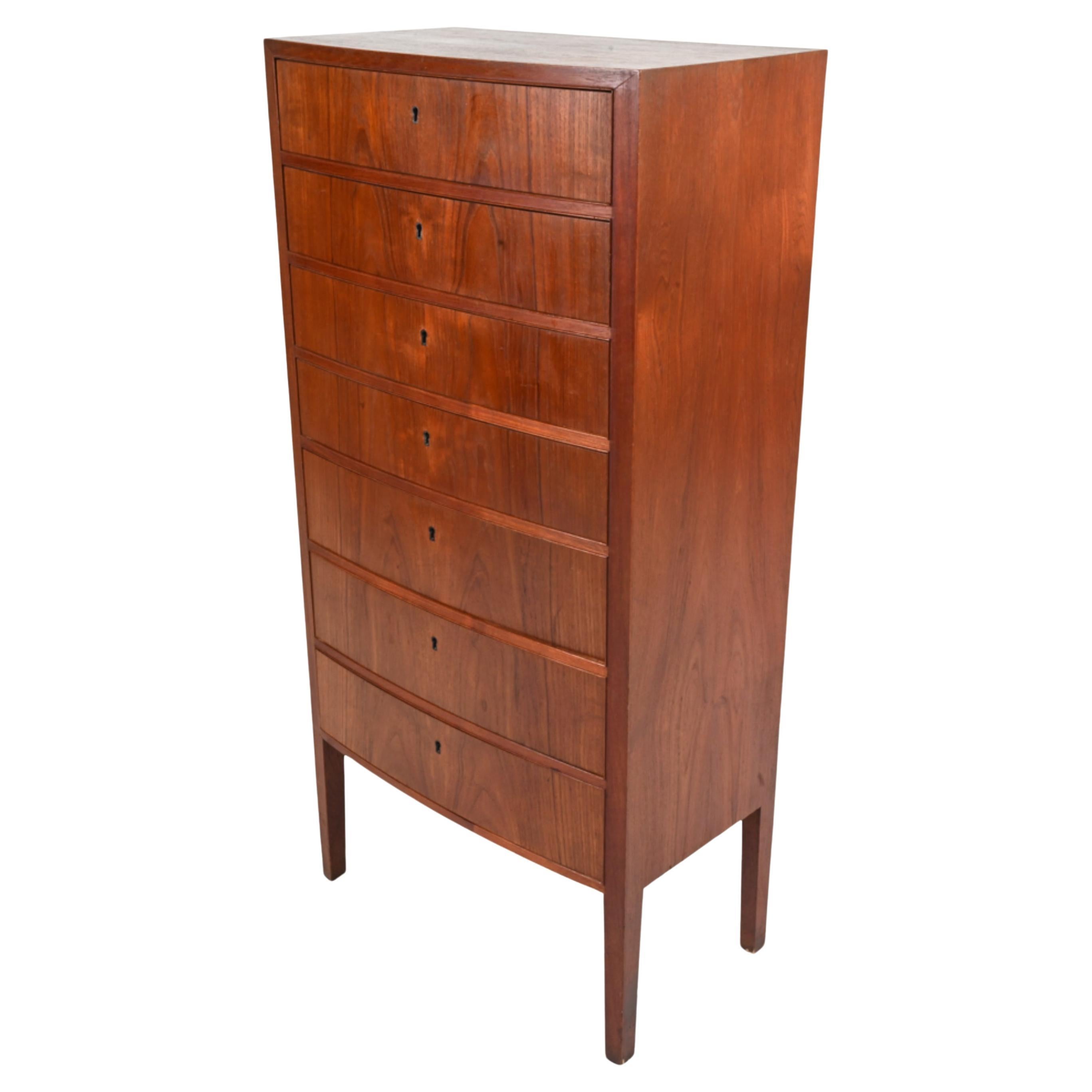 Danish Mid-Century Teak Bow-Front Tallboy Chest Attributed to Ole Wanscher For Sale