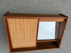 Danish mid century Teak & Cane Wall Vanity Cabinet w/ Mirror & Light, 1960s