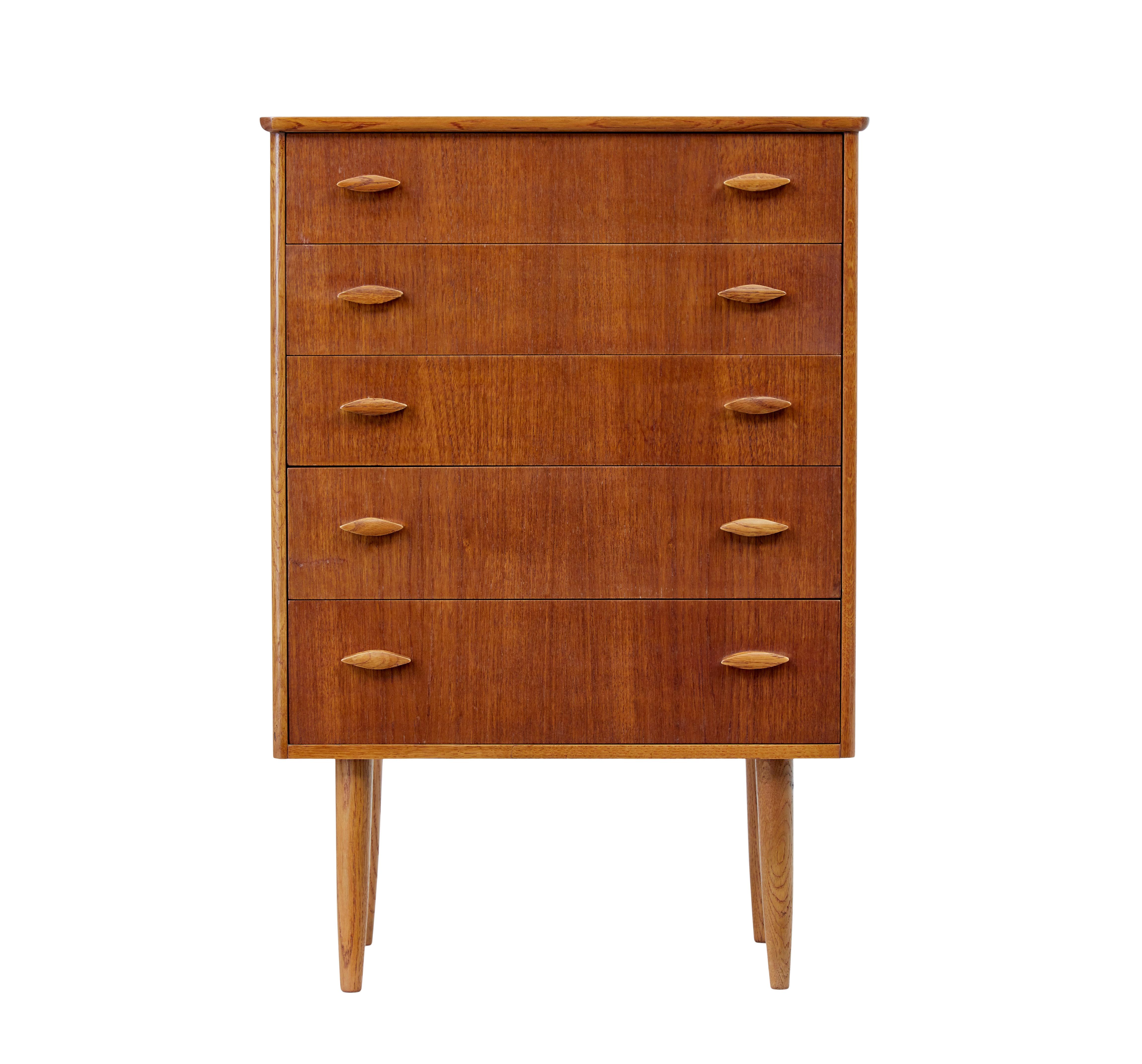 Danish midcentury teak chest of drawers circa 1960.

Good quality midcentury chest from Denmark of small proportions, which lends itself for many use's around the home.

Made in teak and fitted with 5 slightly graduating drawers, each fitted