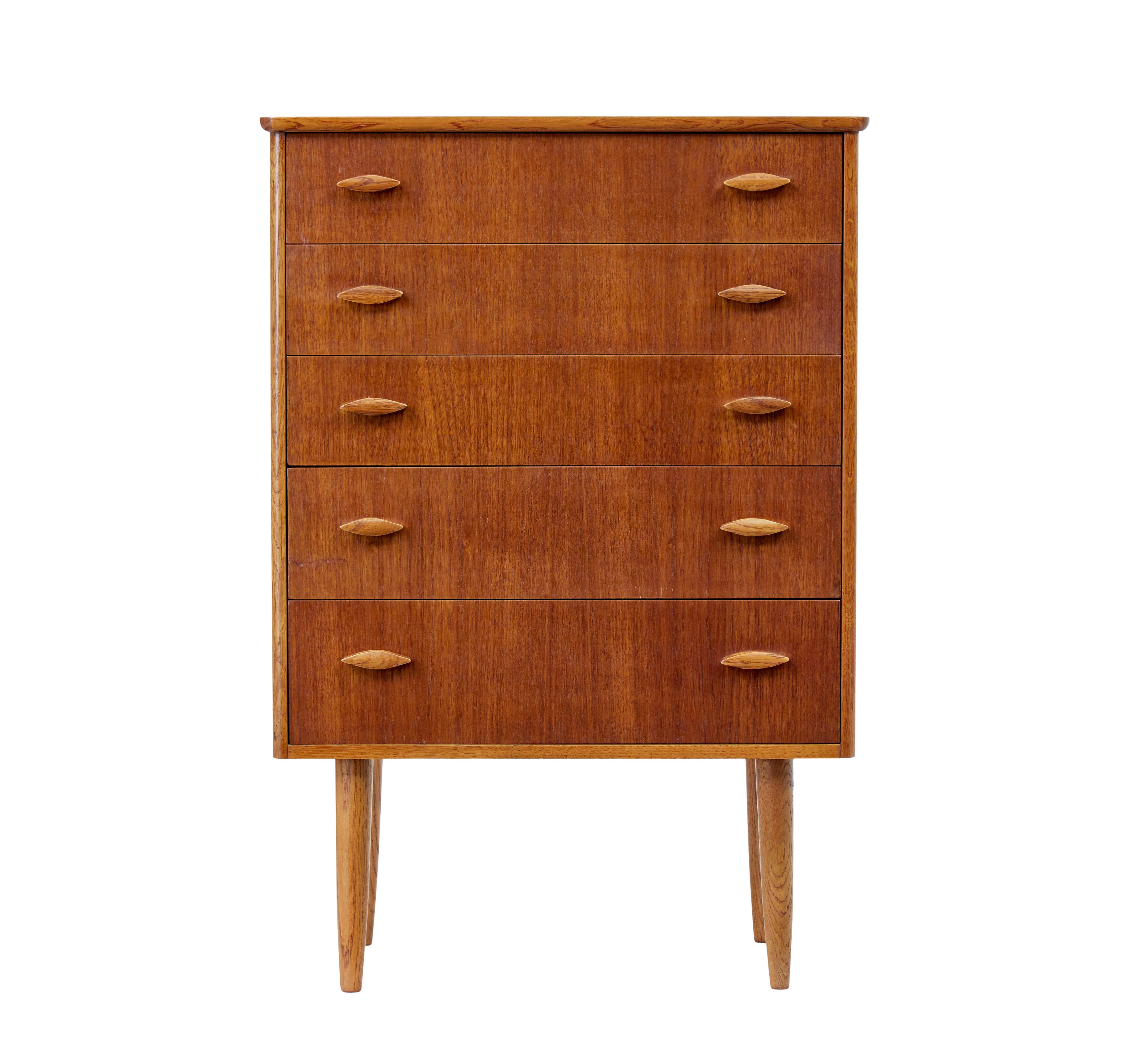 Danish mid century teak chest of drawers circa 1960.

Good quality mid century chest from Denmark of small proportions, which lends itself for many use's around the home.

Made in teak and fitted with 5 slightly graduating drawers, each fitted with