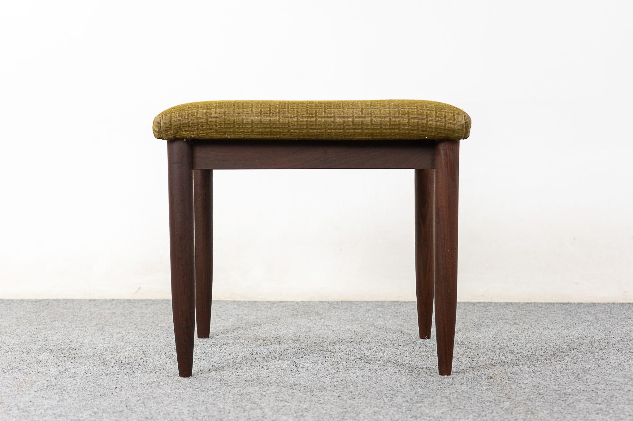 Teak Danish teak footstool, circa 1960's. Sleek conical legs and original upholstery with minor wear.