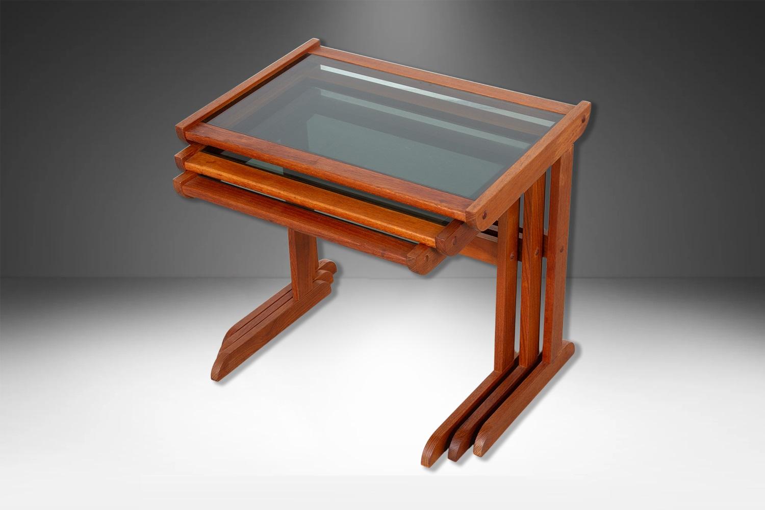 Danish Mid Century Teak Glass Top Nesting Tables For Sale 5
