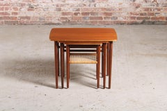 Danish Mid Century Teak Nest of Tables with Rattan Magazine Shelf