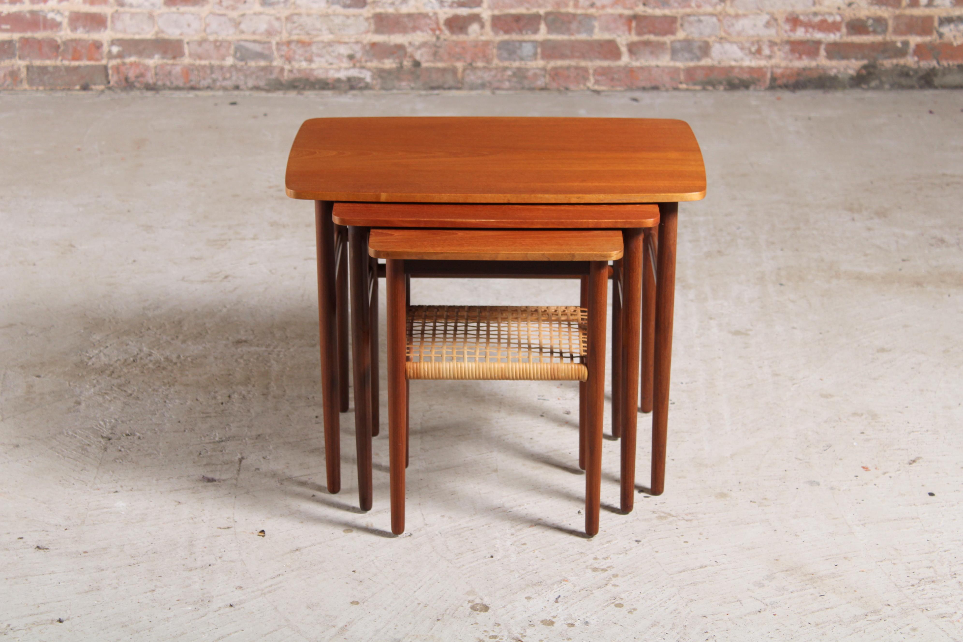 Mid-Century Modern Danish Mid Century Teak Nest of Tables with Rattan Magazine Shelf