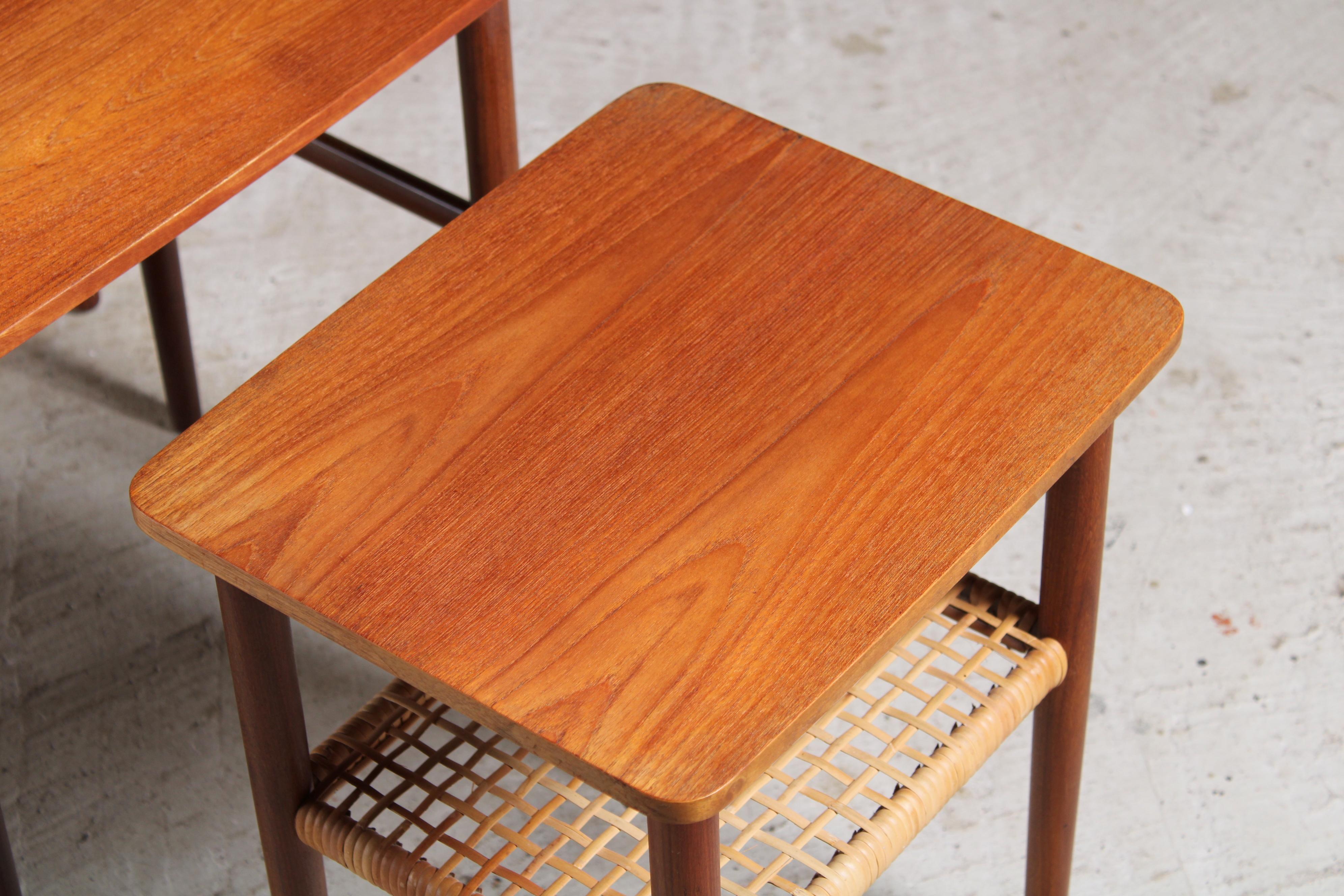 Danish Mid Century Teak Nest of Tables with Rattan Magazine Shelf 1