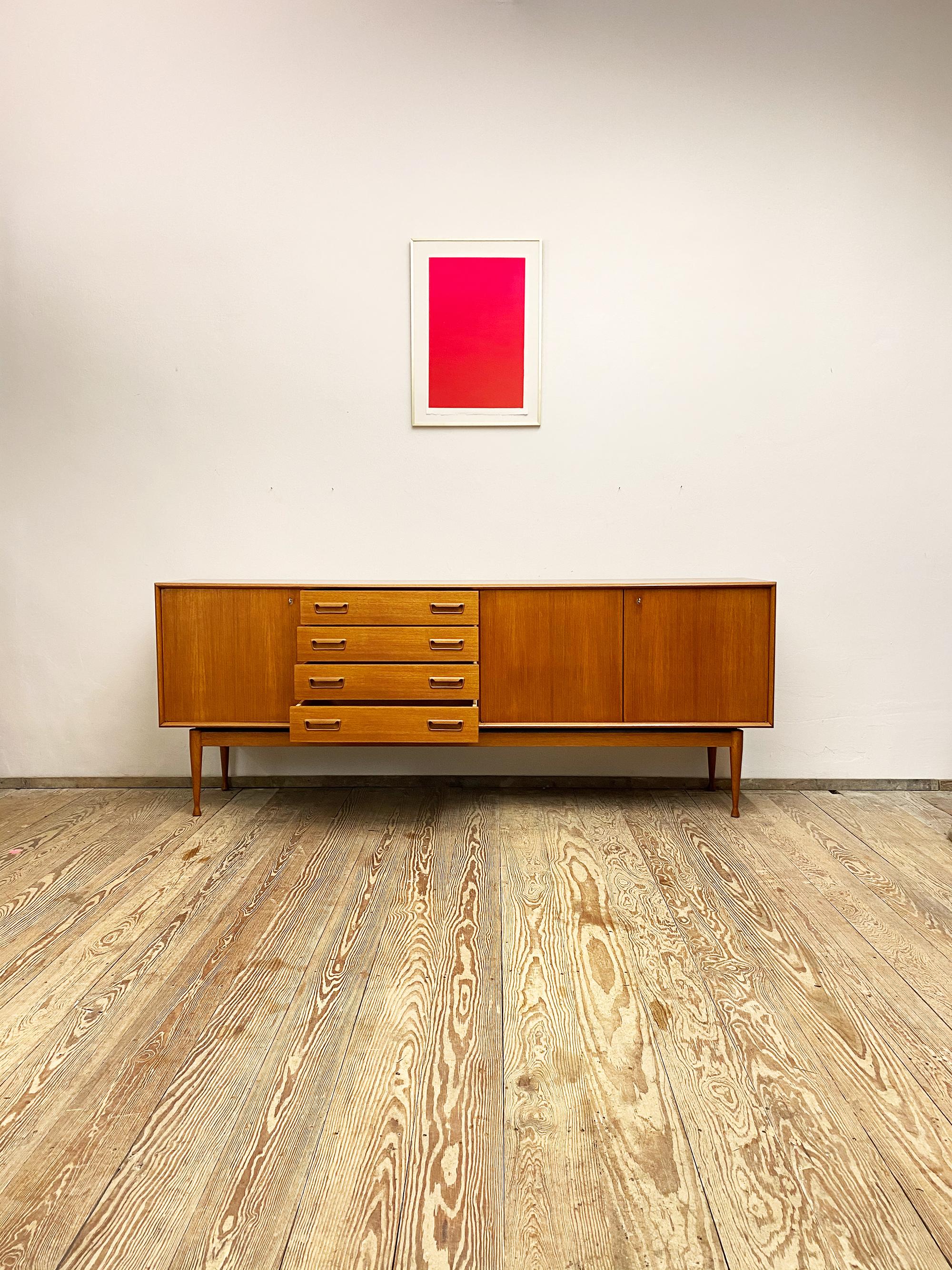 Hand-Carved Danish Mid-Century Teak Sideboard or Credenza with Sculpted Legs, Denmark, 1950s