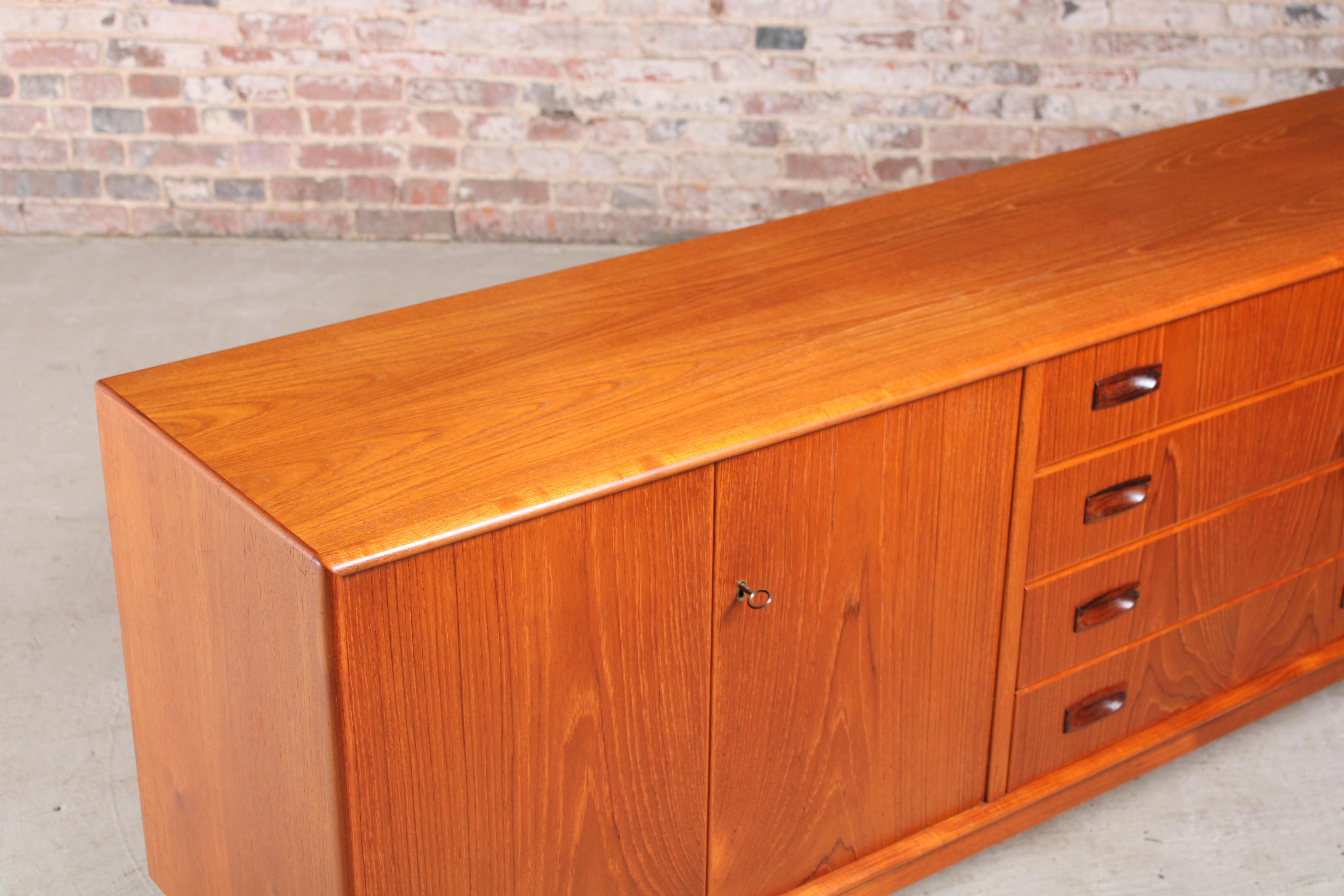 Danish Mid Century Teak Sideboard with Carved Rosewood Handles For Sale 5