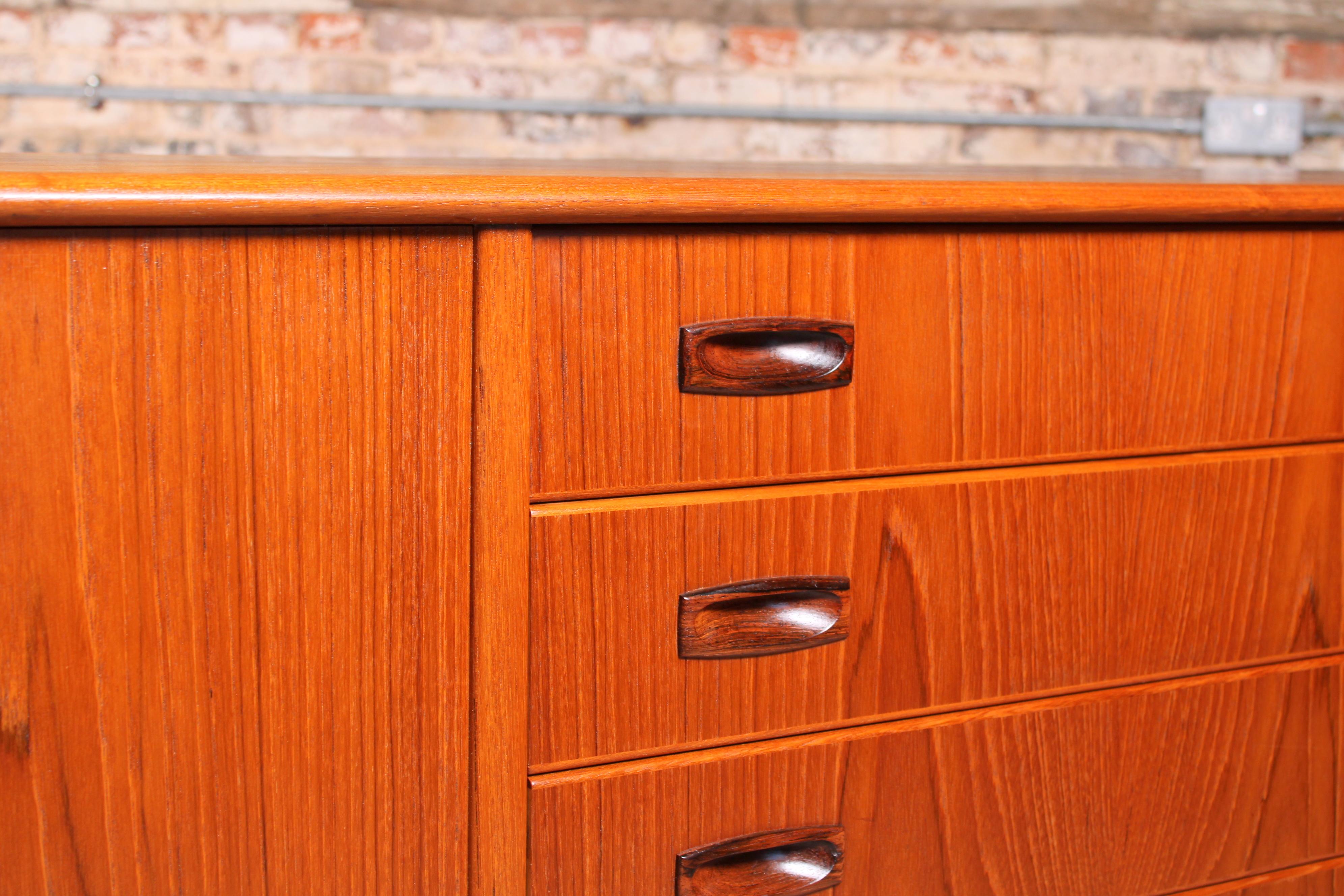 Danish Mid Century Teak Sideboard with Carved Rosewood Handles For Sale 6