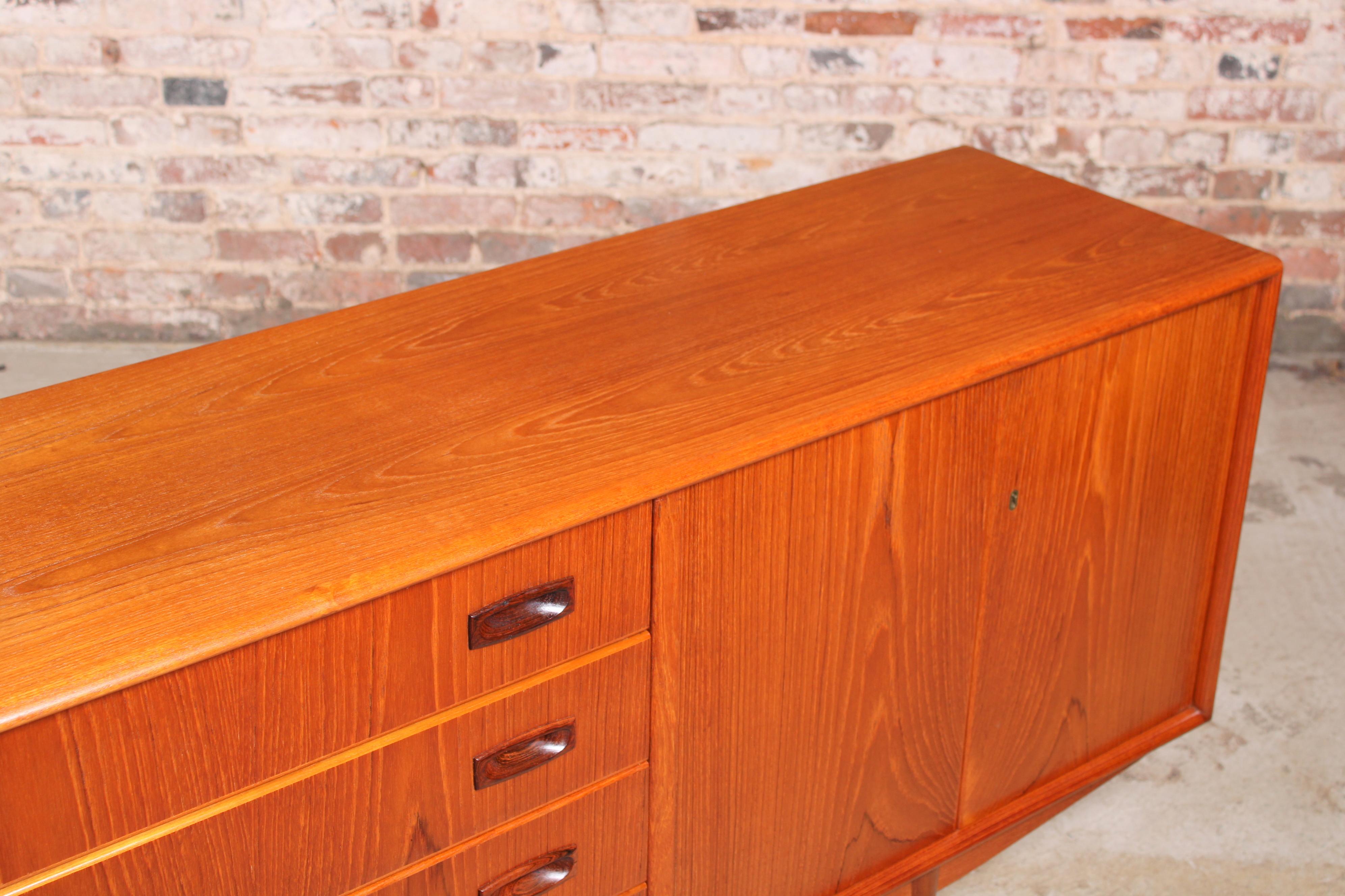 Danish Mid Century Teak Sideboard with Carved Rosewood Handles For Sale 4
