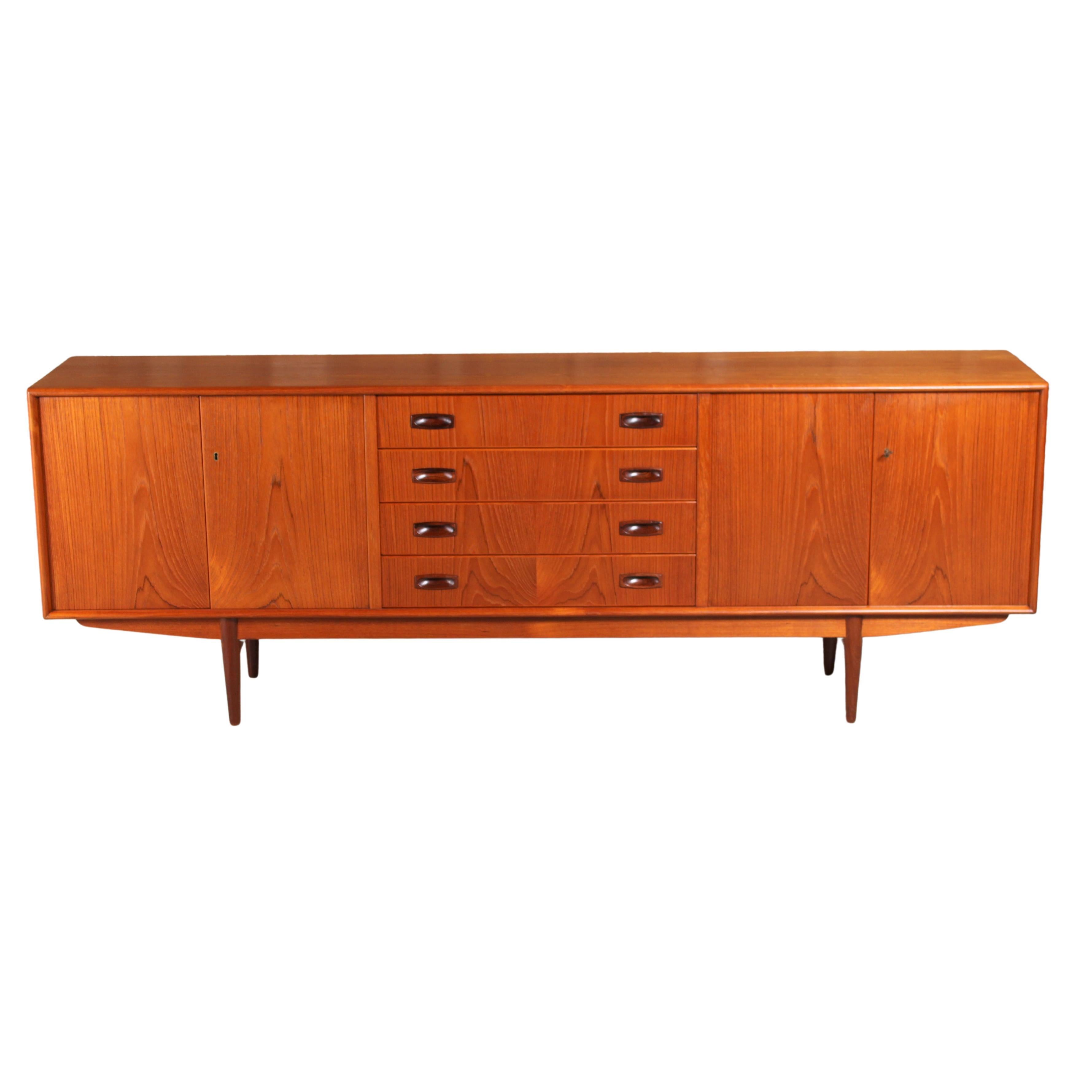Danish Mid Century Teak Sideboard with Carved Rosewood Handles For Sale