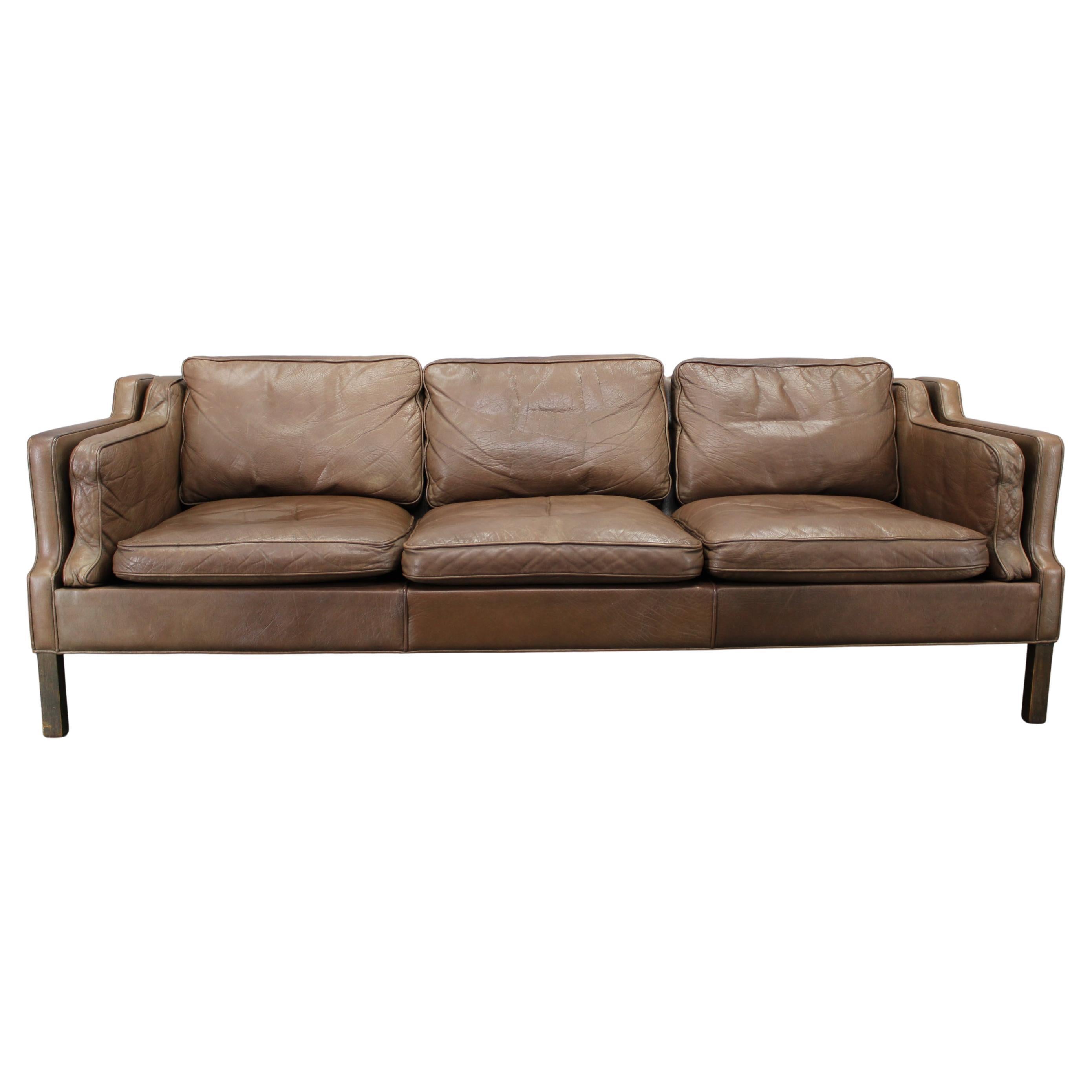 Danish Mid-Century Three-Seat Brown Leather Sofa, 1970s