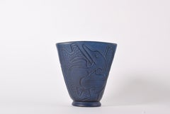 Danish Mid-century Triangular Vase Blue with Stylized Birds, by Johgus ca 1950s