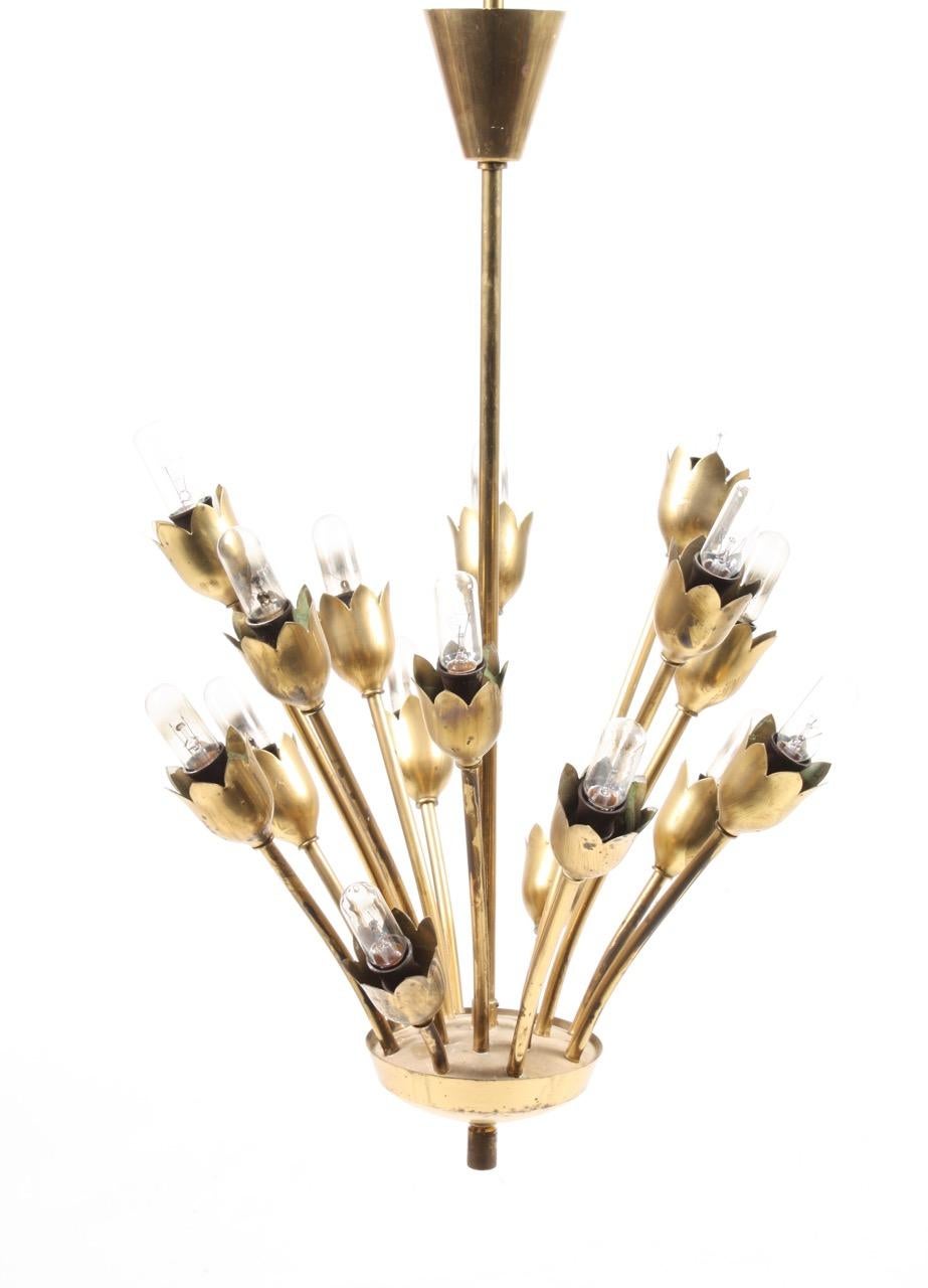 Danish Midcentury Tulip Chandelier in Brass and Glass by Fog & Mørup, 1950s For Sale 5